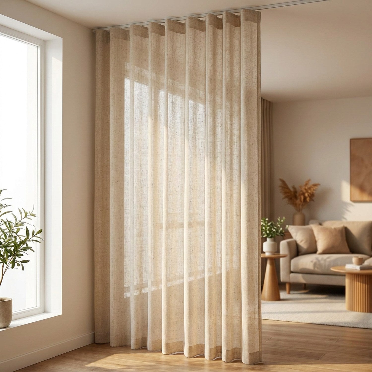 Voilage en lin froissé couleur lin beige aux plis ondulés dans un salon chaleureux