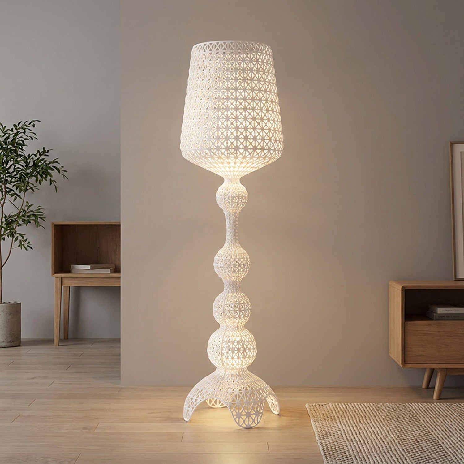 Lampadaire acrylique blanc ajouré façon dentelle allumé design italien