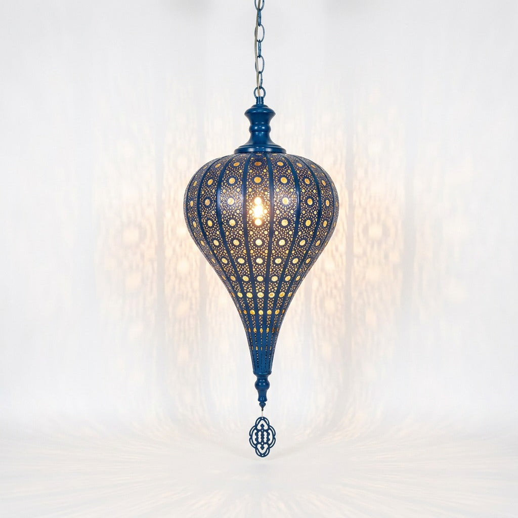 Lampe suspension marocaine métal ajouré coloris bleu