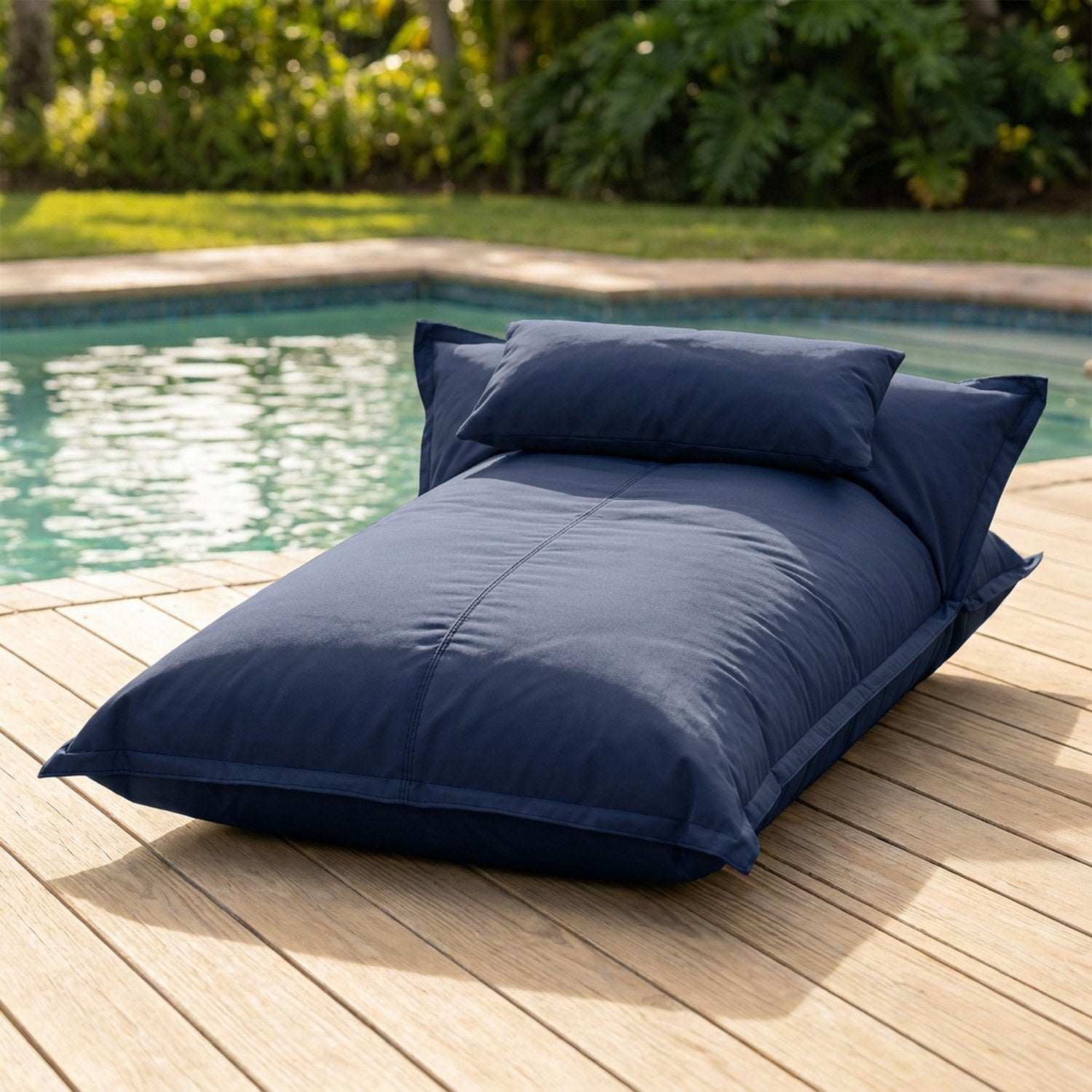 Pouf flottant Bleu foncé imperméable sur une terrasse en bois