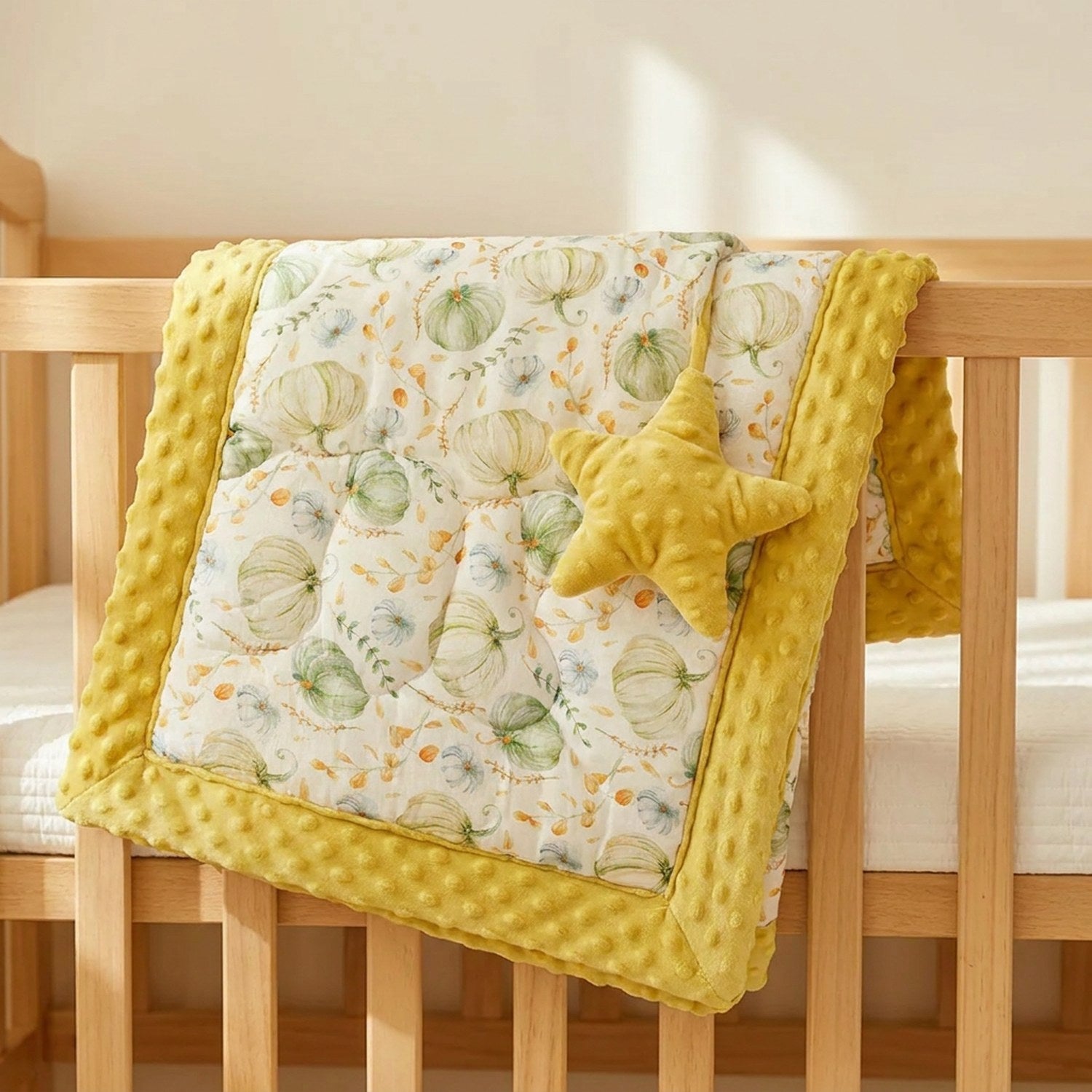 Couette bébé motif citrouilles avec bordure moutarde et doudou étoile