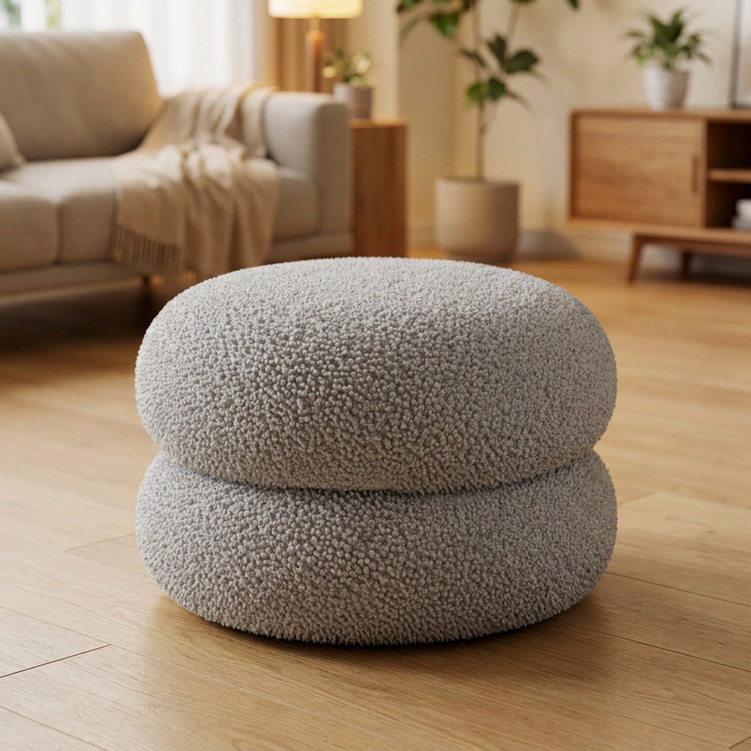 Pouf rond en laine bouclée coloris gris