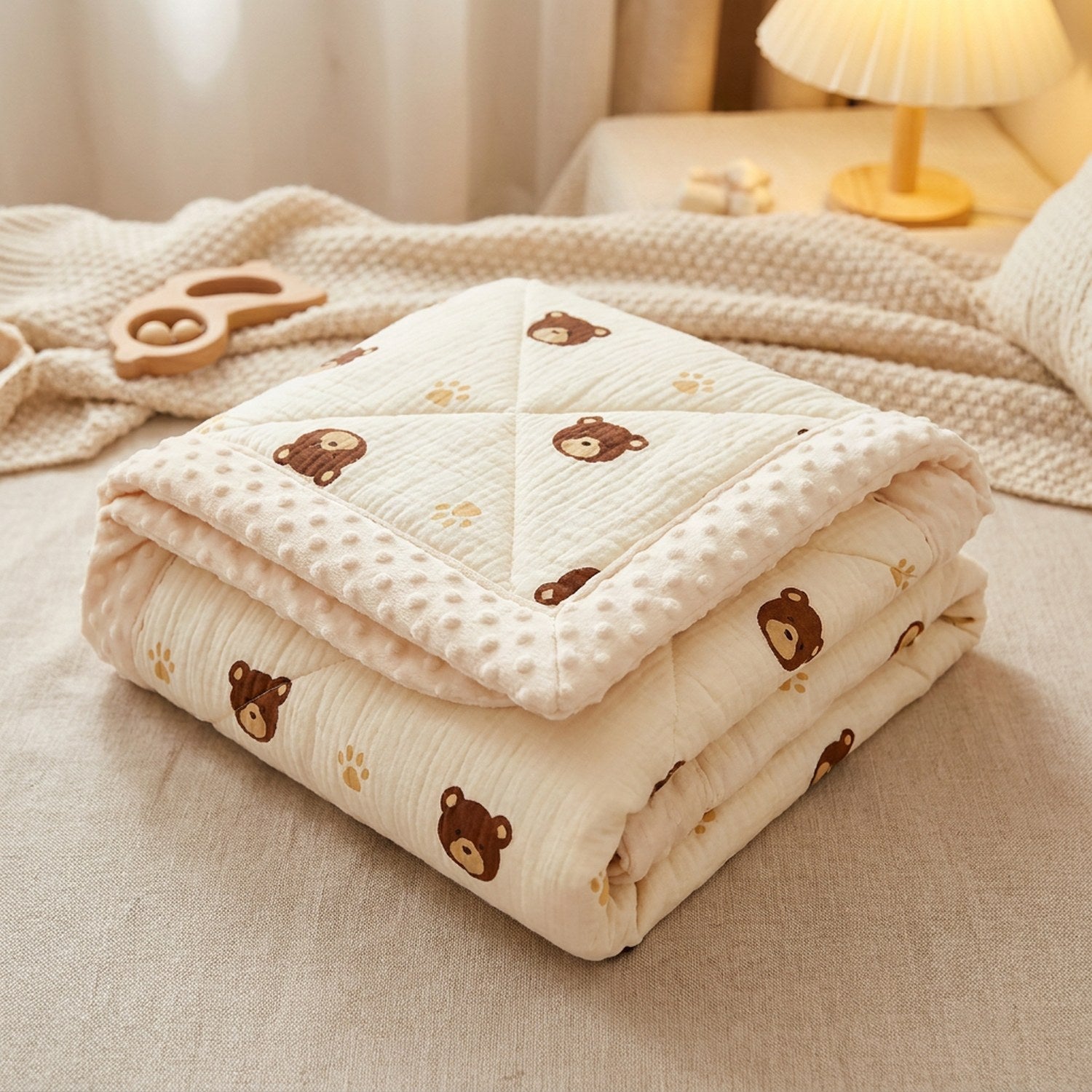 Couette bébé marron motif ours repliée montrant la bordure douce