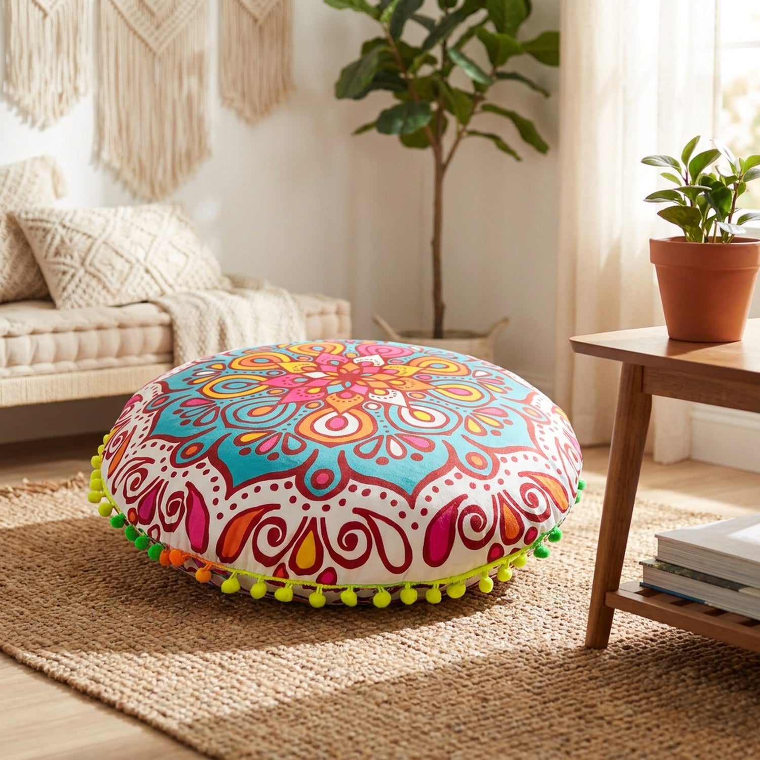 Housse de coussin ronde motif mandala multicolore posée sur un tapis bohème