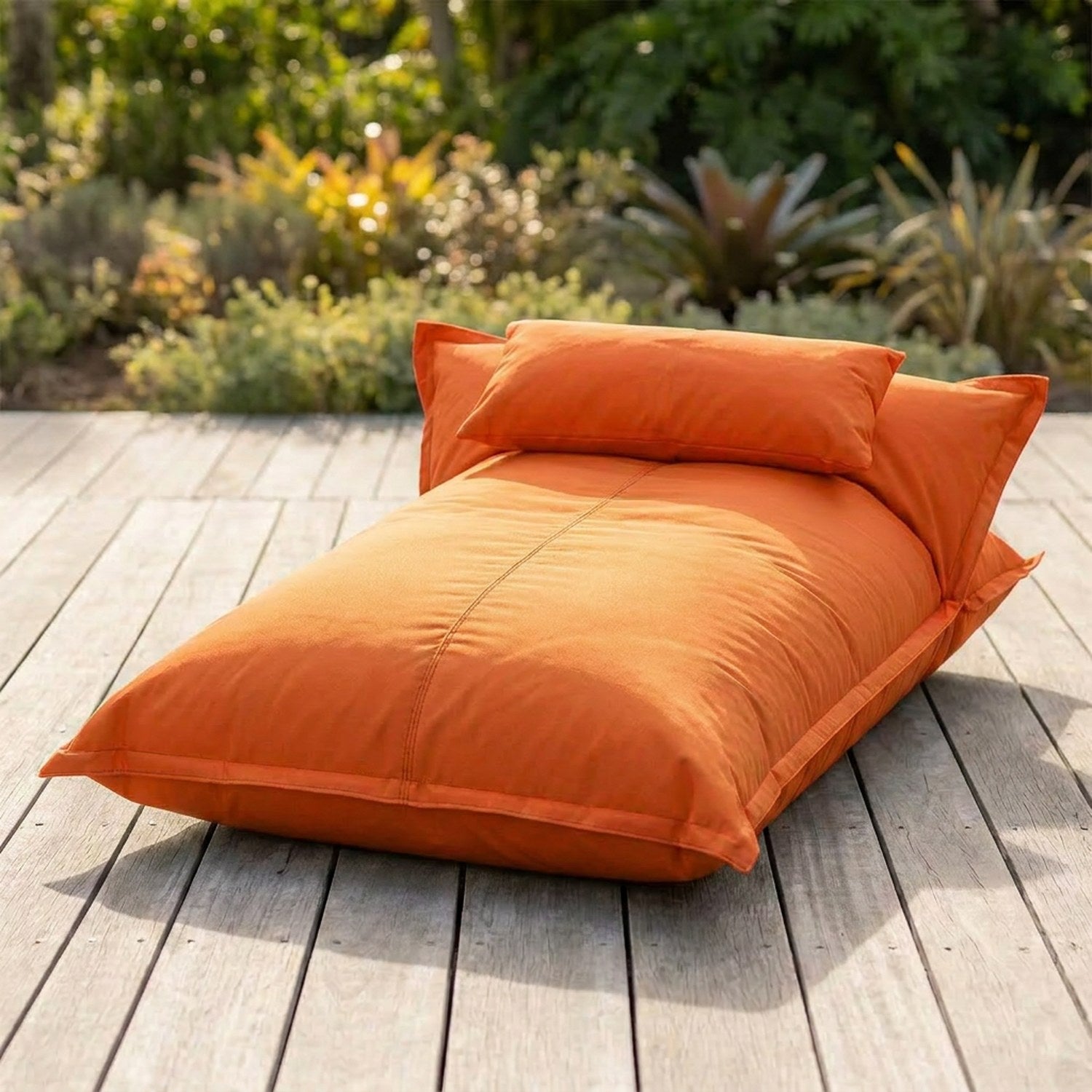 Pouf flottant Orange imperméable sur une terrasse en bois