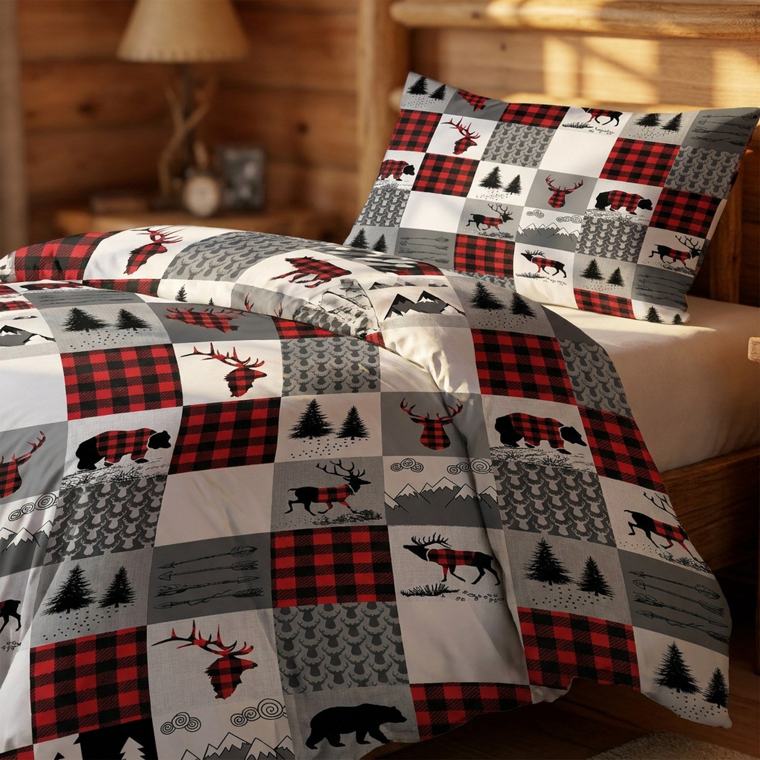 Parure de lit de Noël modèle Tartan gros plan motif carreaux et cerfs