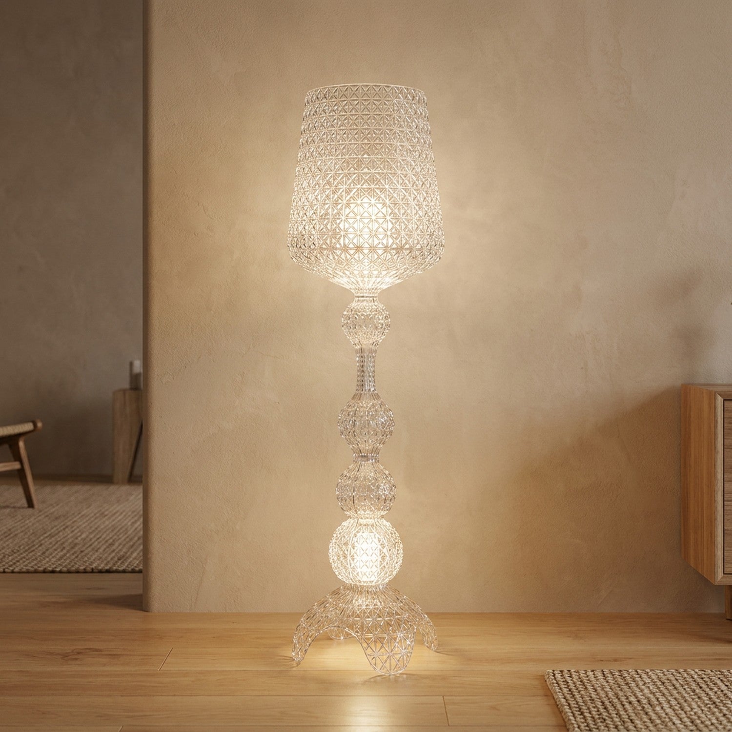 Lampadaire acrylique transparent ajouré façon dentelle allumé design italien
