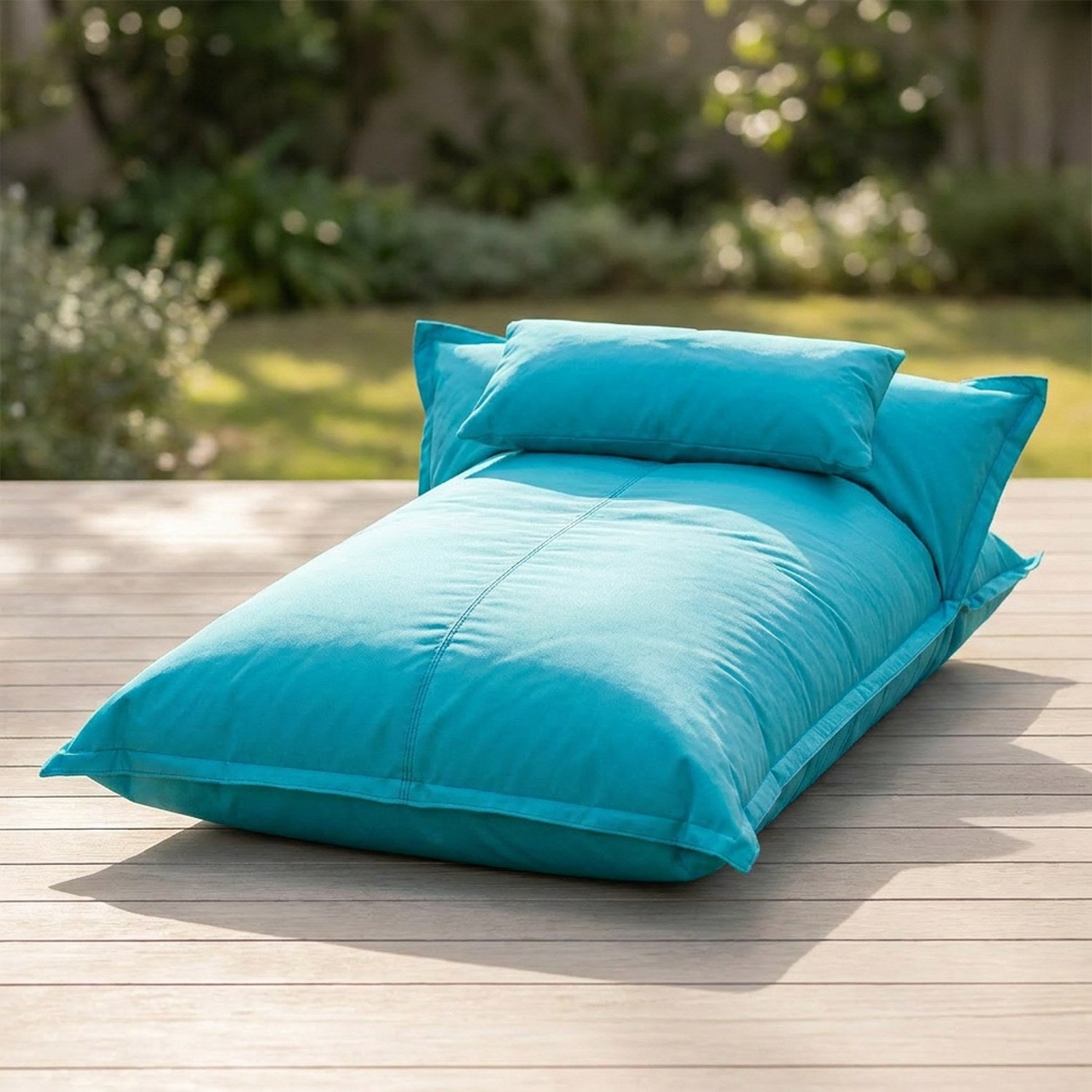 Pouf flottant Turquoise imperméable sur une terrasse en bois