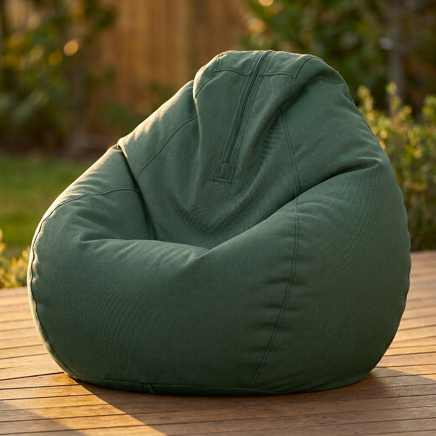 Housse de pouf poire vert foncé imperméable sur une terrasse en bois