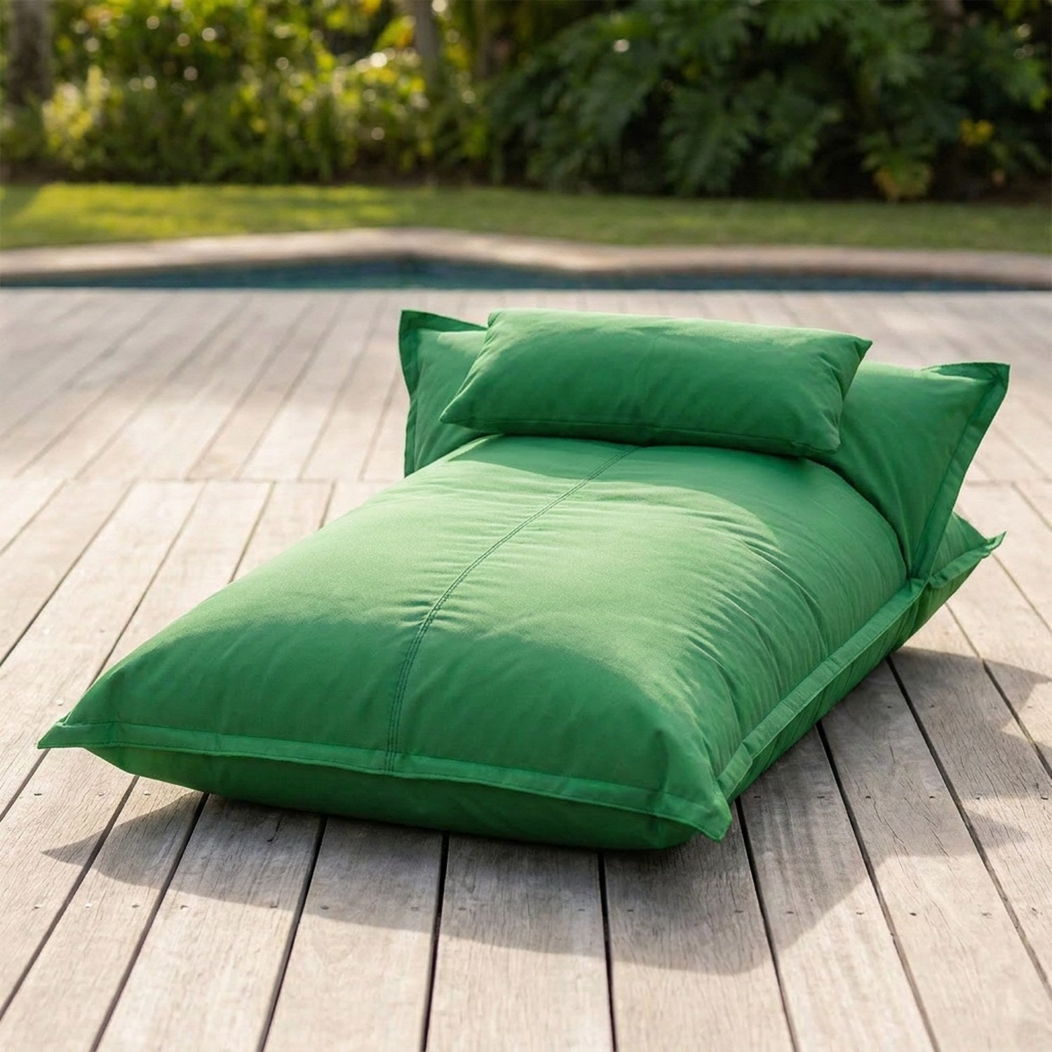 Pouf flottant Verte imperméable sur une terrasse en bois