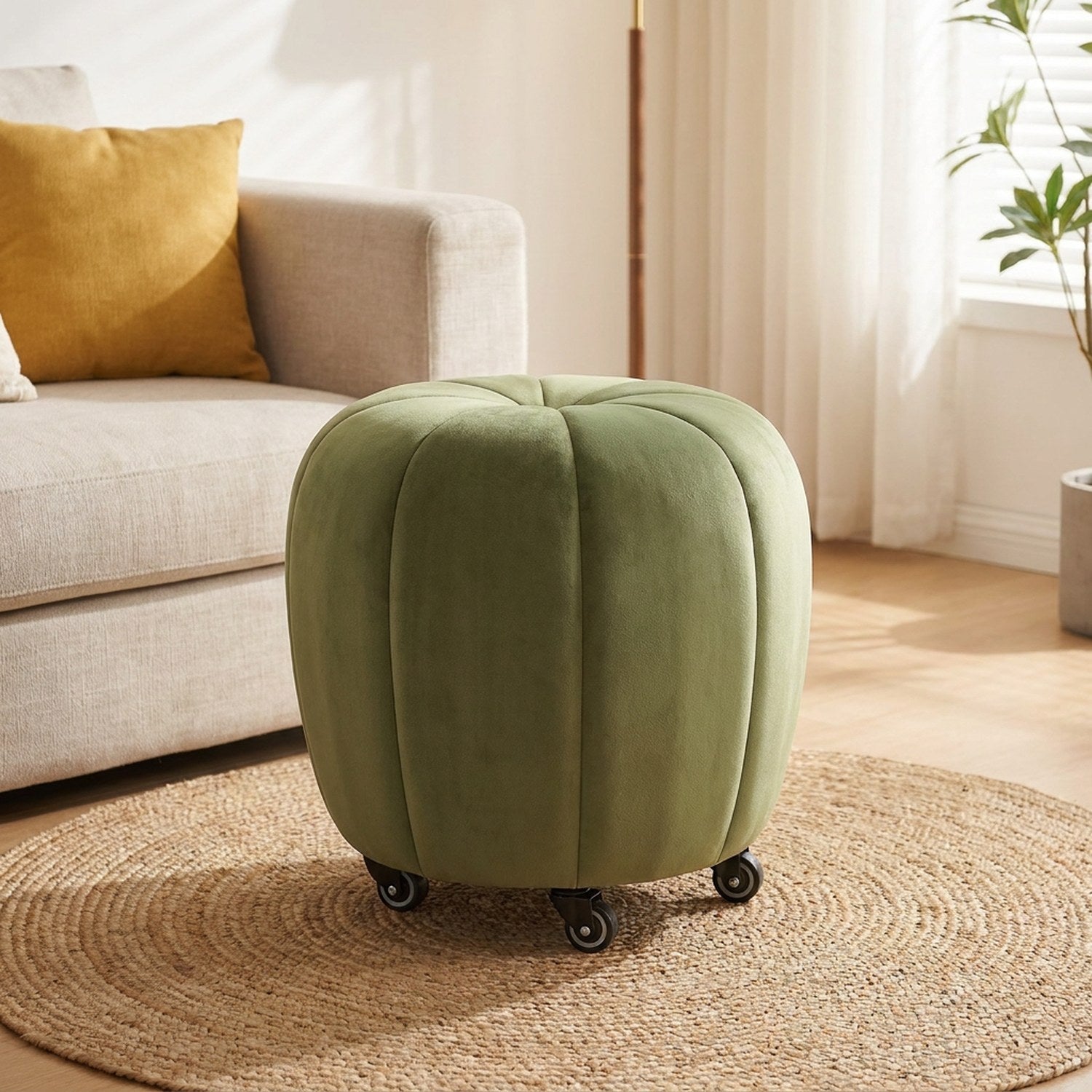 Pouf tabouret citrouille vert olive avec roulettes dans un salon lumineux