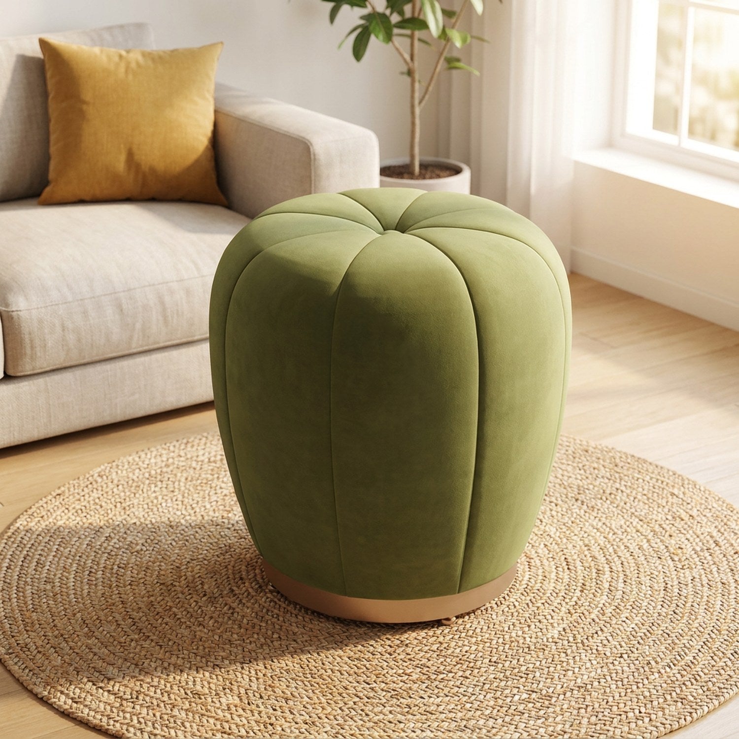 Pouf tabouret citrouille vert olive sans roulettes dans un salon lumineux