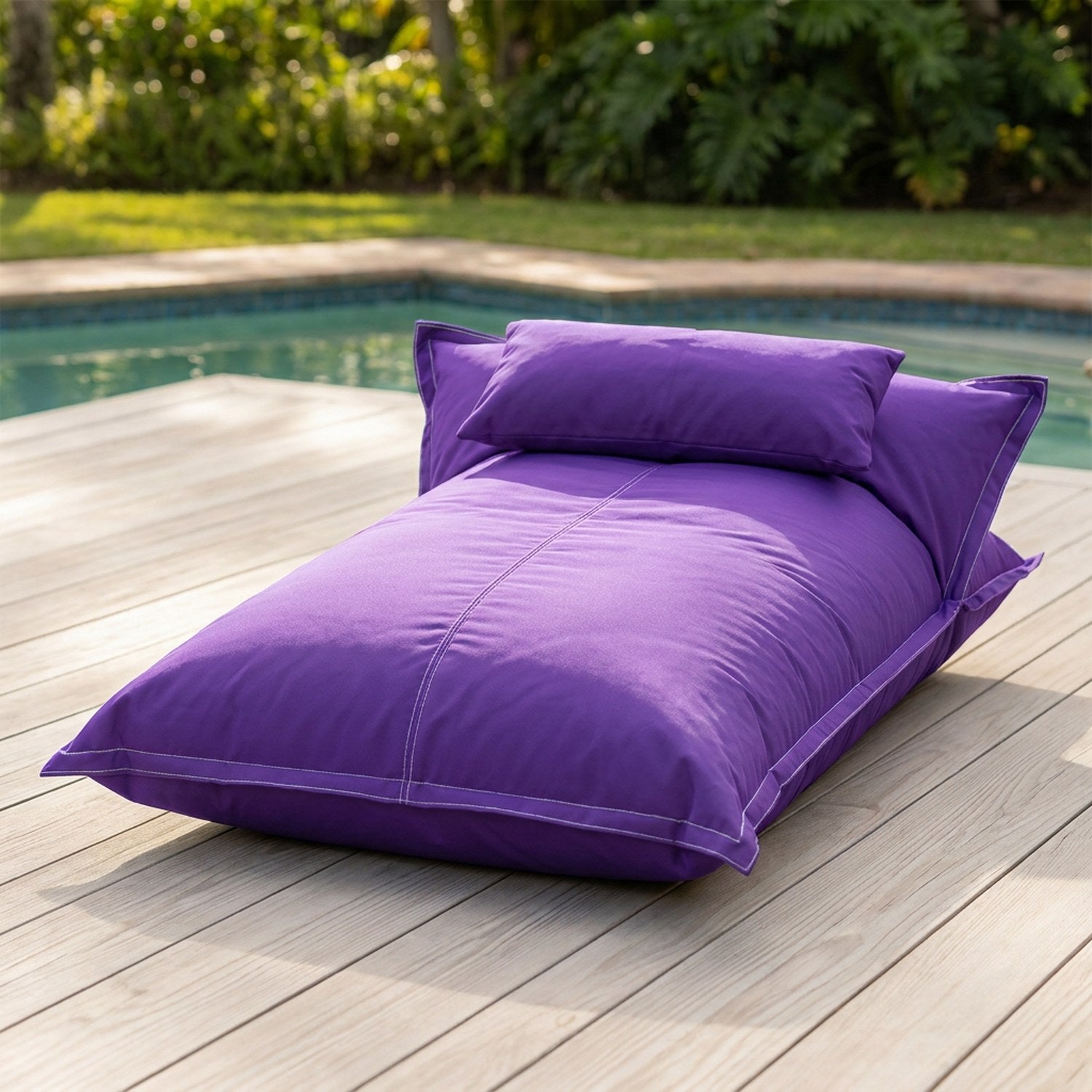 Pouf flottant Violet imperméable sur une terrasse en bois