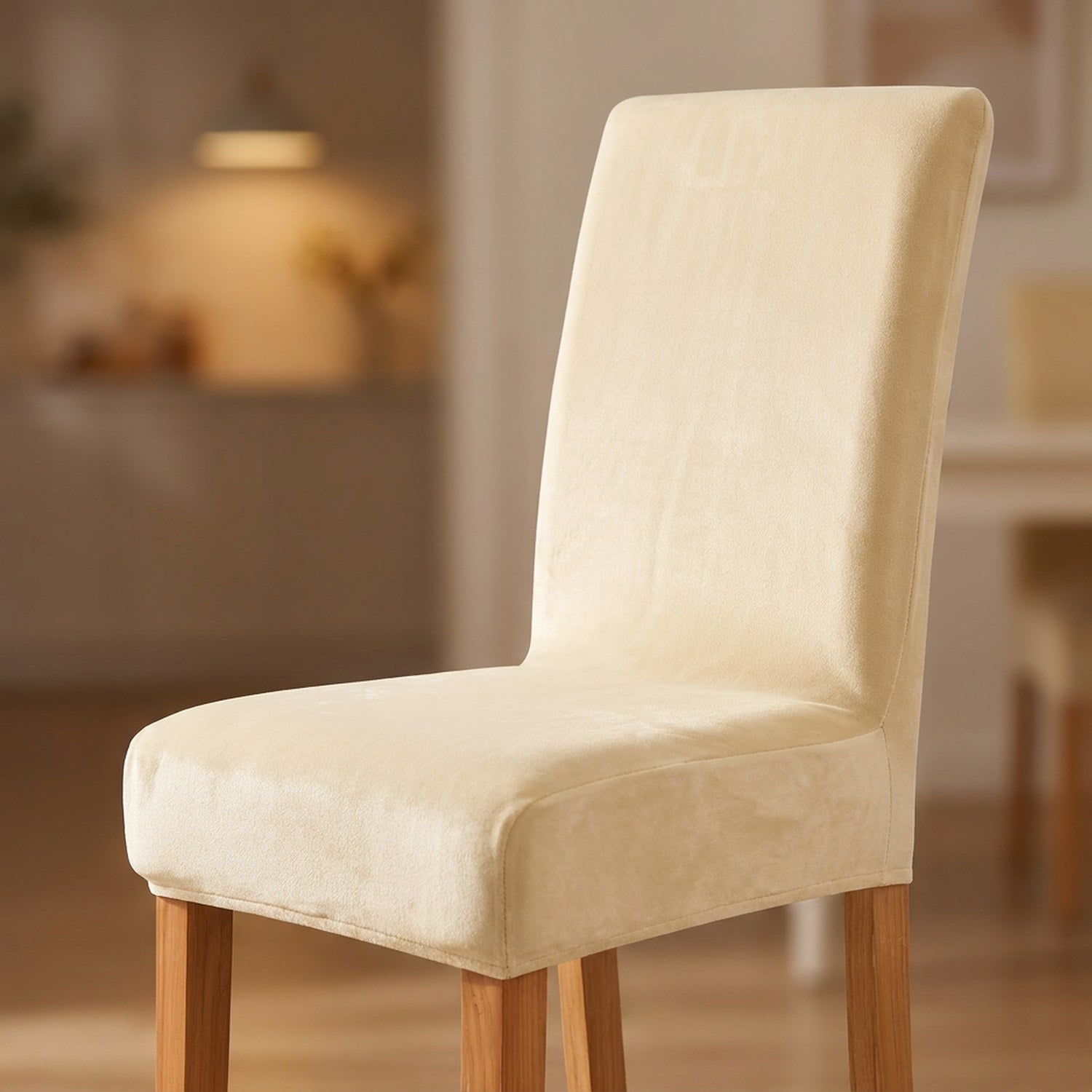 Housse de chaise beige en velours moelleux sur une chaise de salle à manger