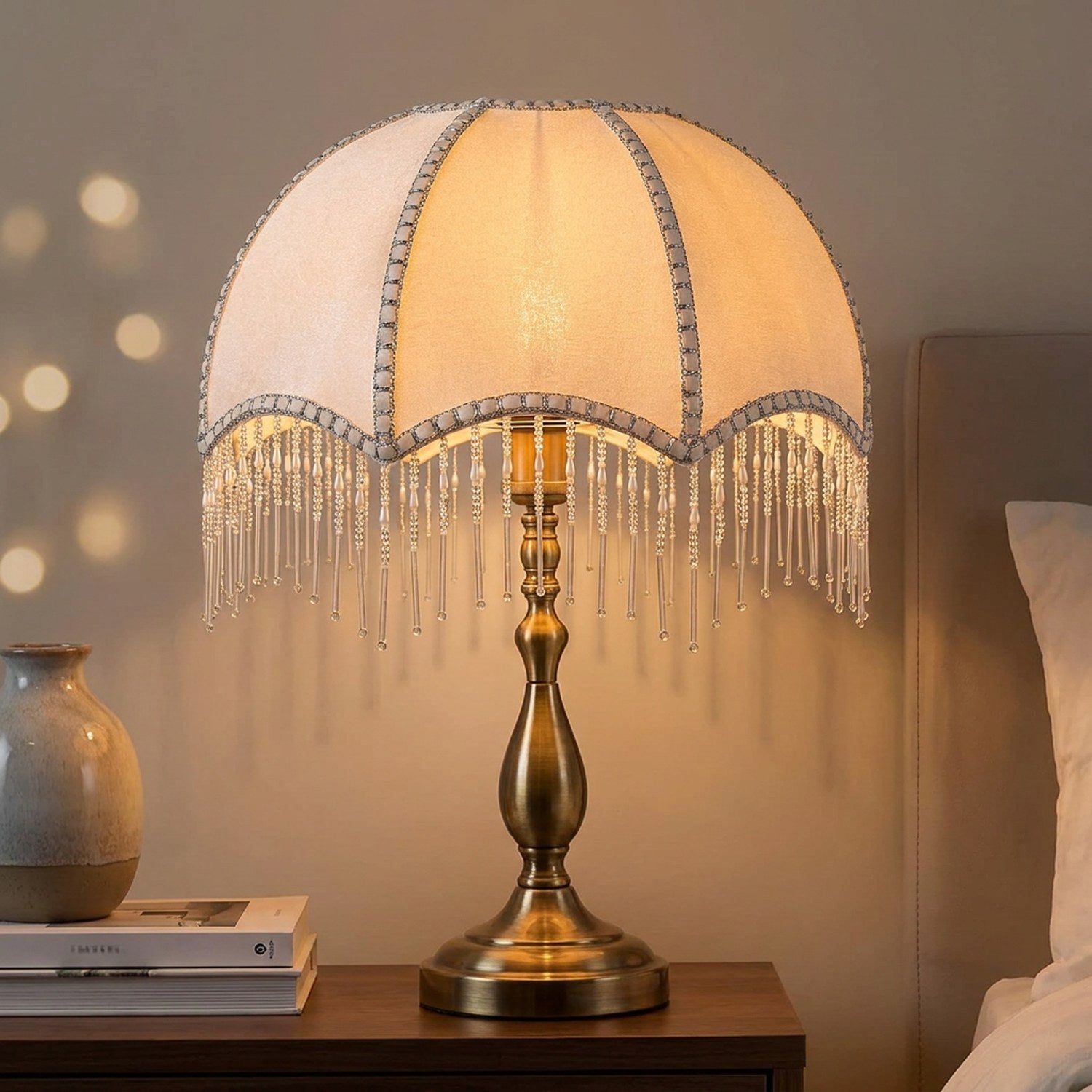 Abat-jour Blanc Perle - tissu blanc nacré avec franges cristal argentées