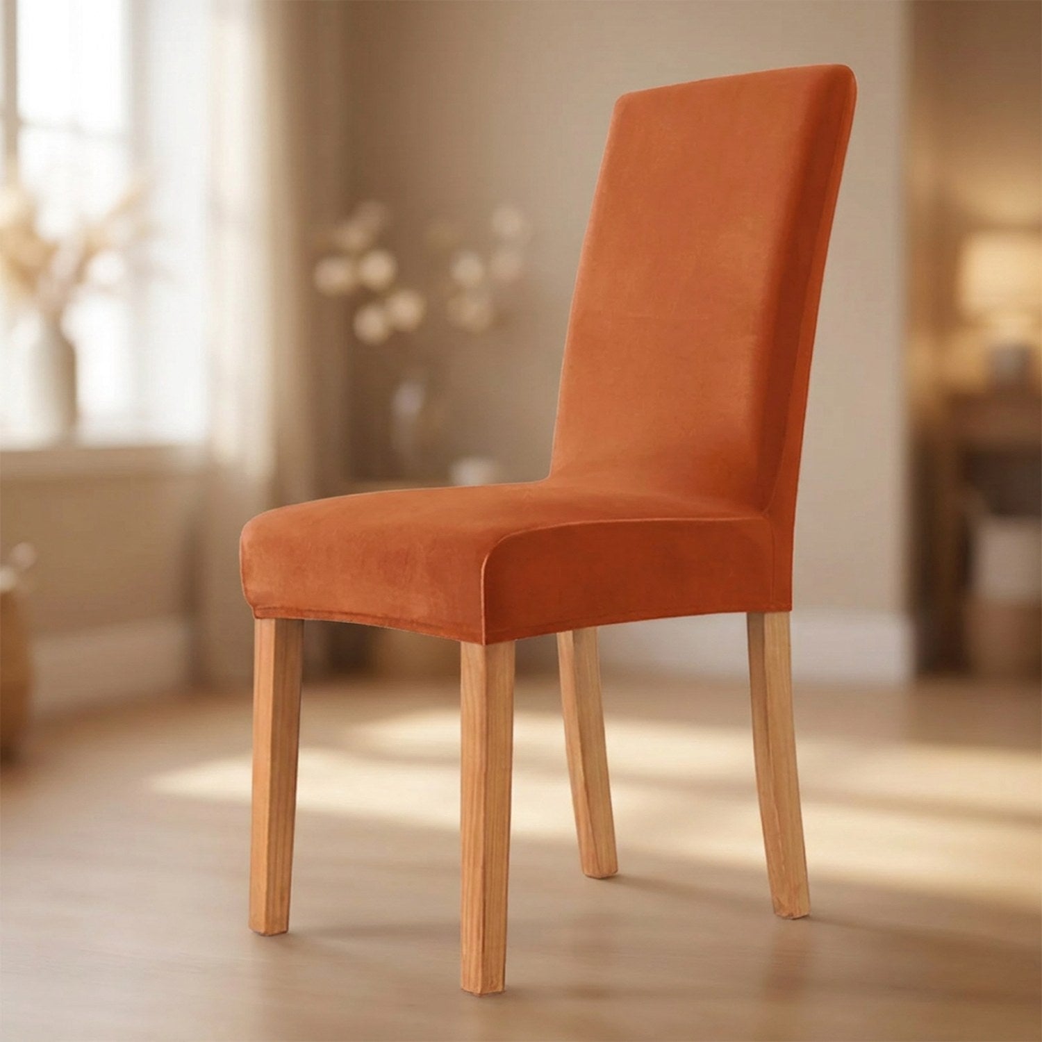 Housse de chaise orange en velours moelleux sur une chaise de salle à manger
