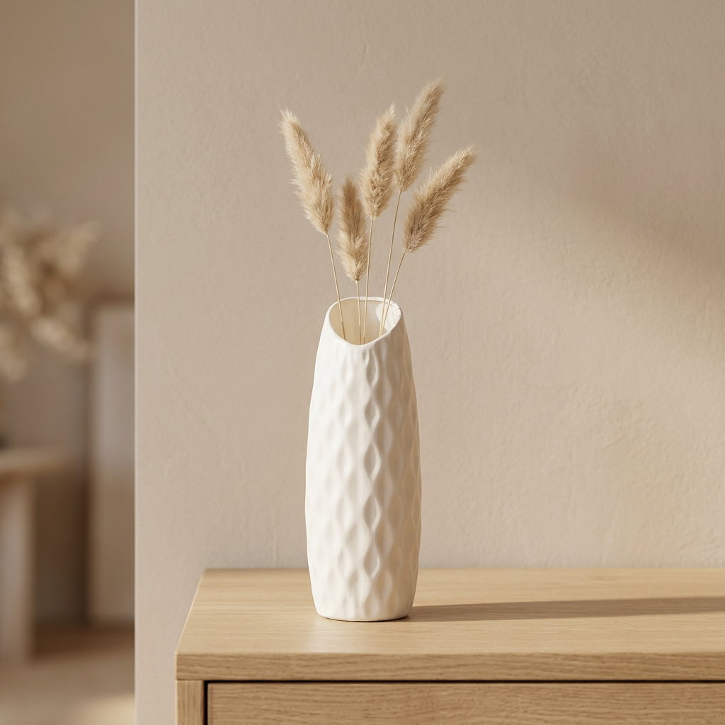 Vase blanc scandinave texture alvéolée avec des pampas