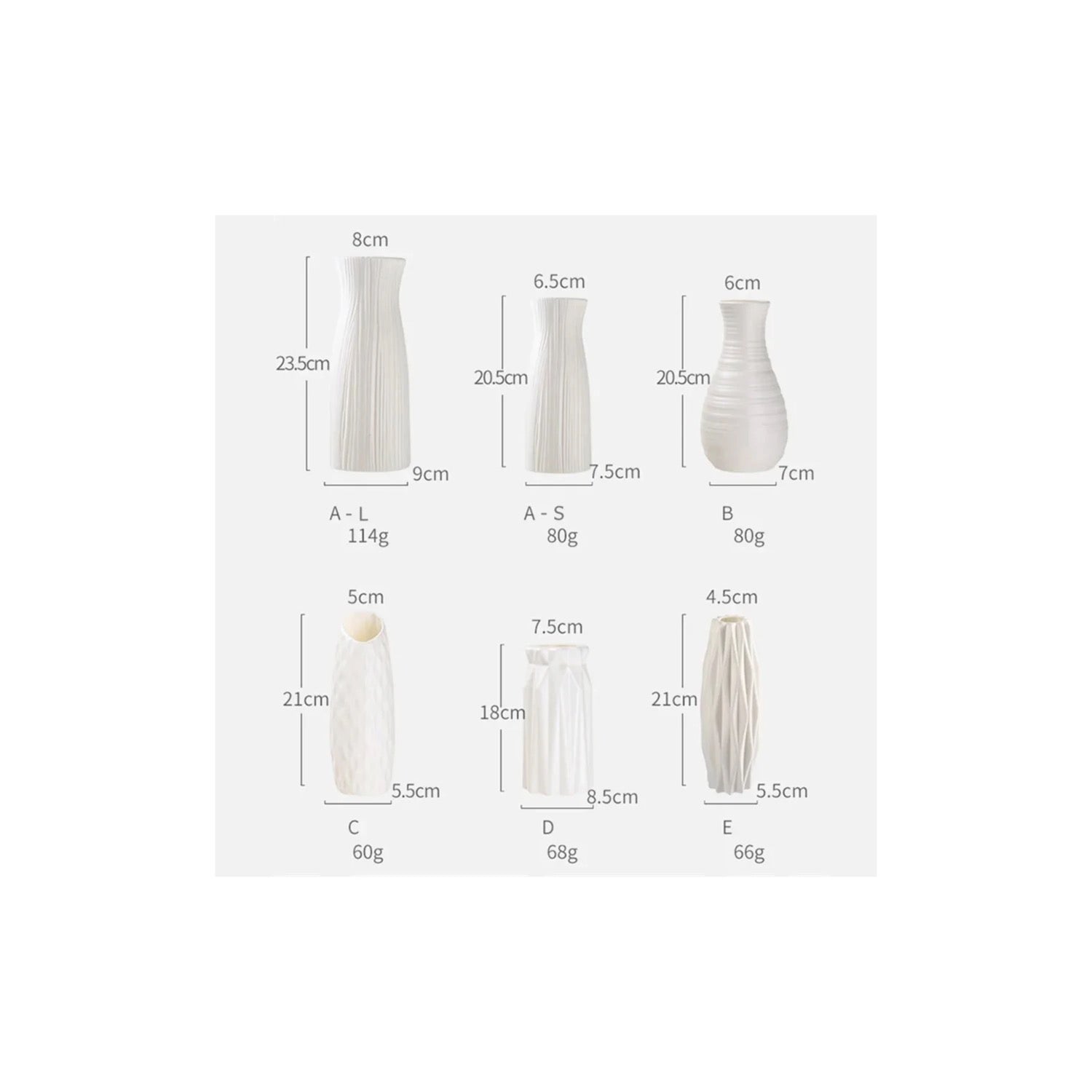 Guide des dimensions des 6 modèles de vases en centimètres hauteur diamètre ouverture et base