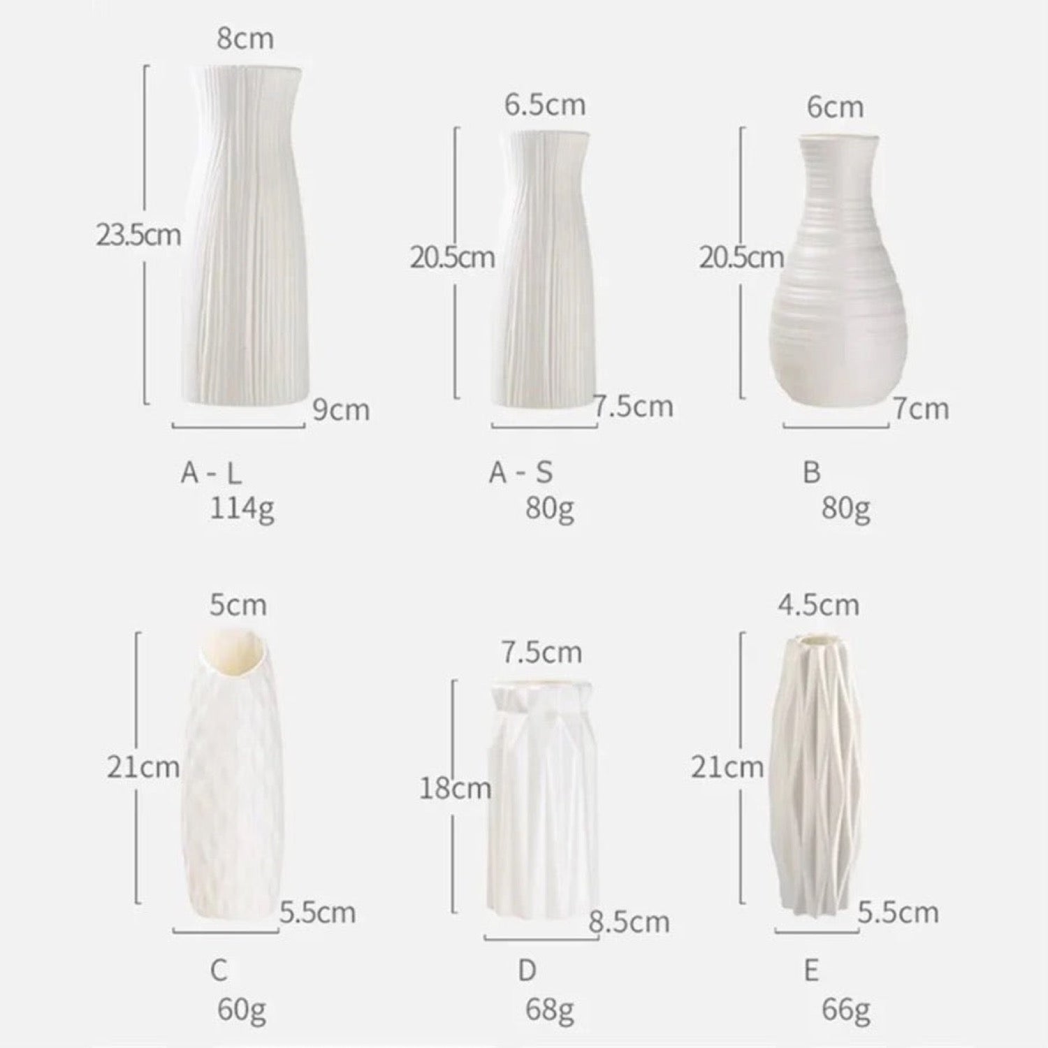 Guide des dimensions des 6 modèles de vases en centimètres hauteur diamètre ouverture et base