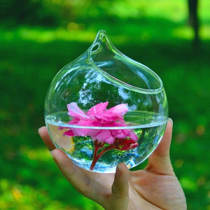 Vase boule en verre suspendu avec bouquet de fleurs fraîches tenu en main