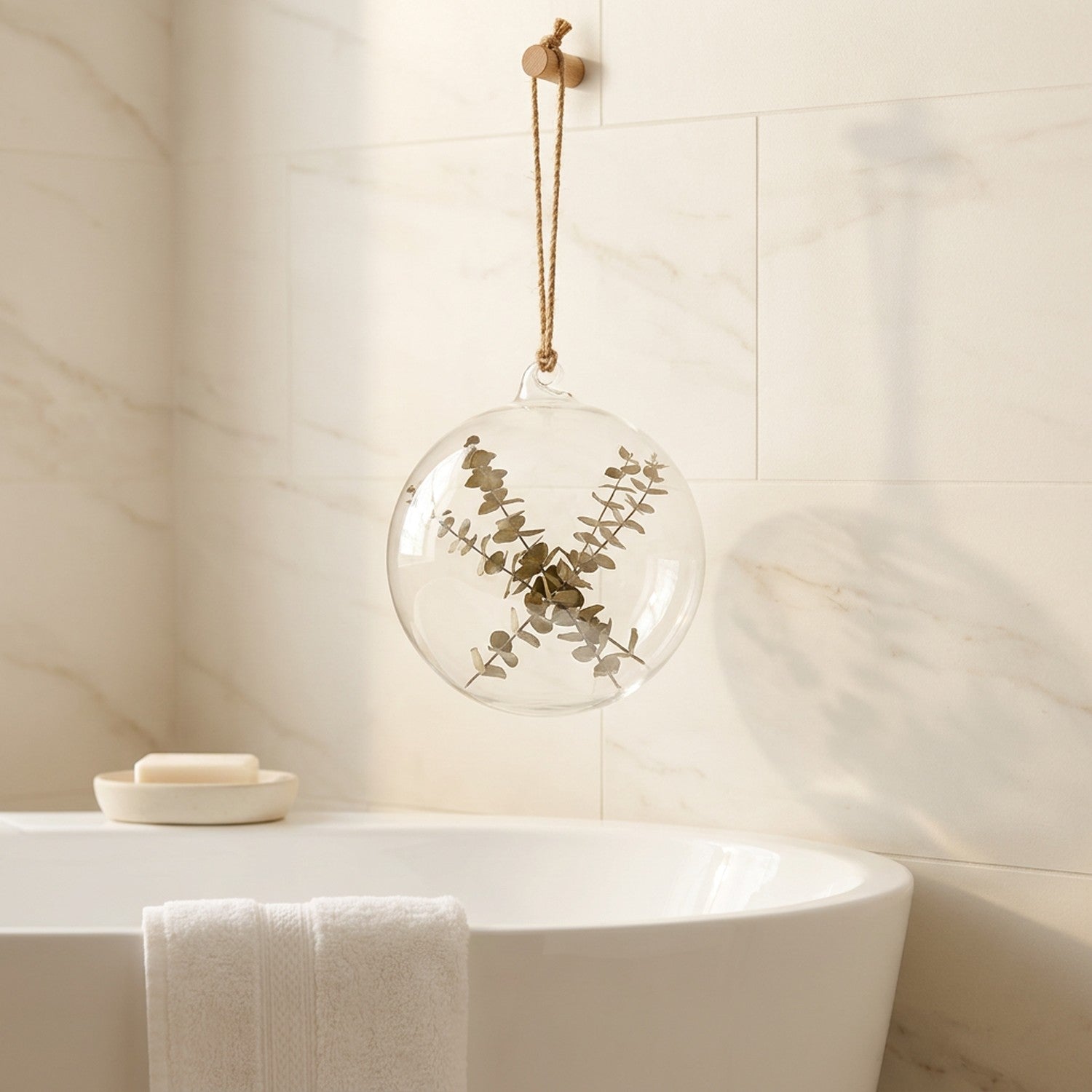 Vase boule en verre suspendu dans une salle de bain avec baignoire et carrelage marbre
