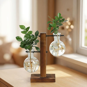 Deux vases à bouture étagés sur support en bois haut