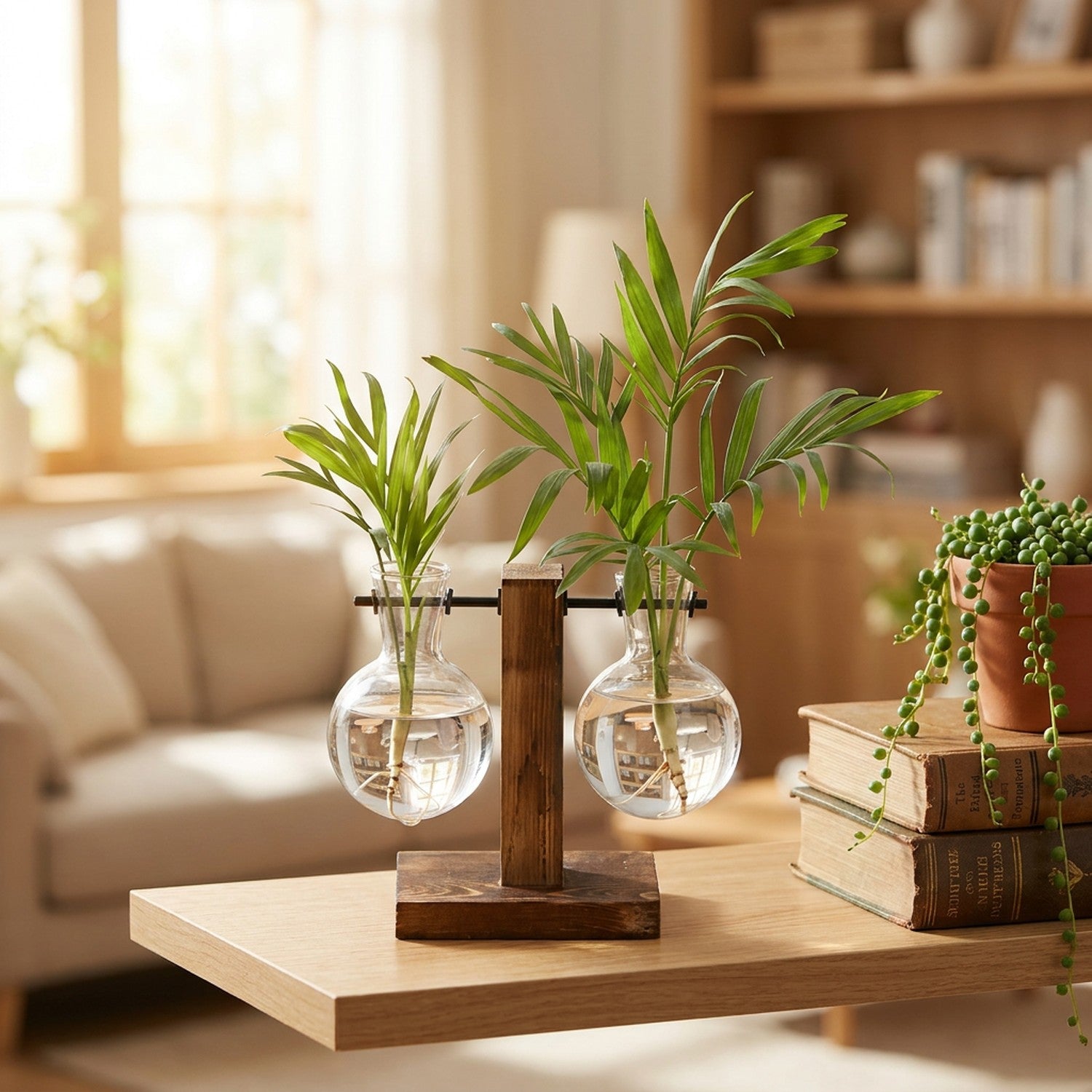 Deux vases à bouture côte à côte sur support en bois dans un salon lumineux