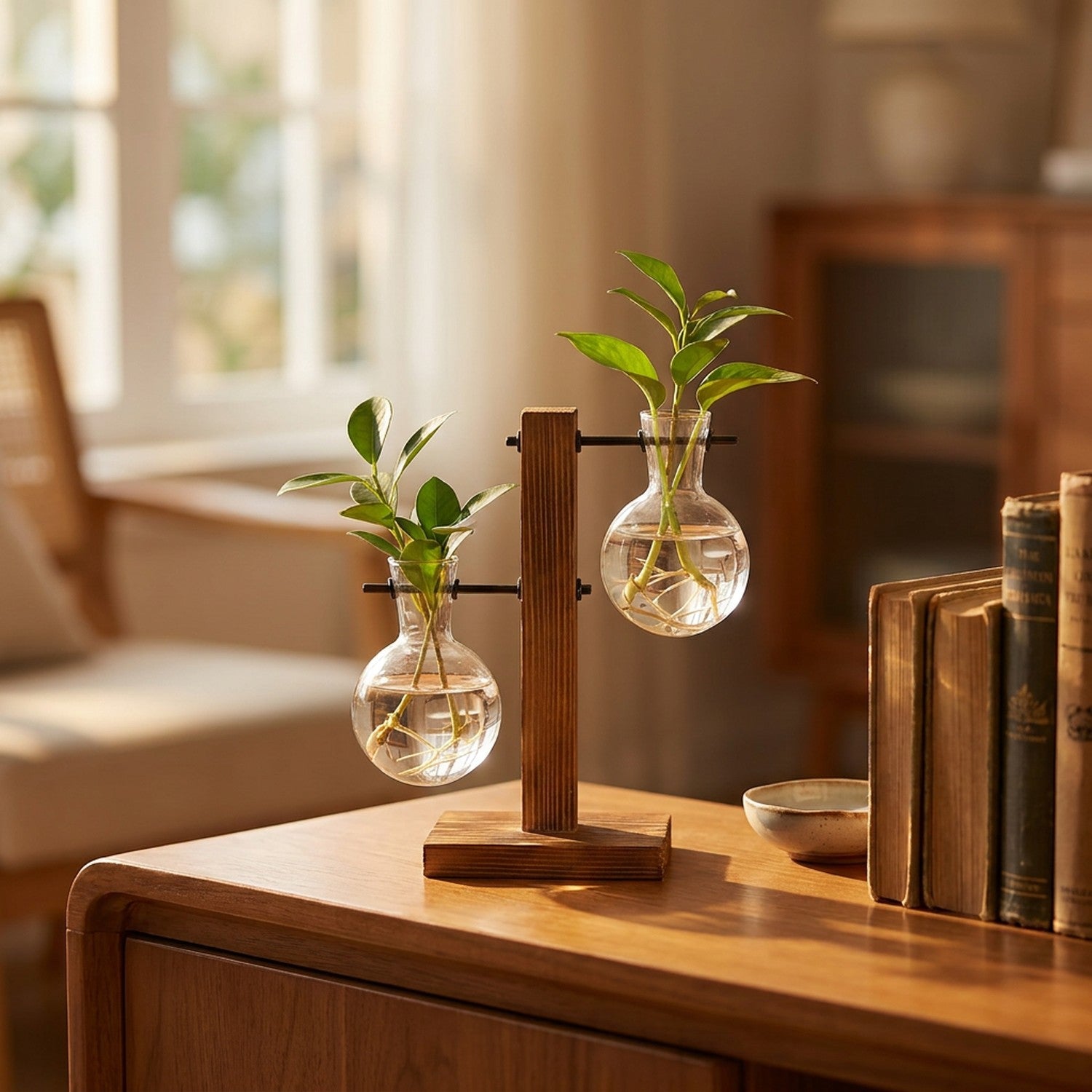 Deux vases à bouture étagés sur support en bois sur une console