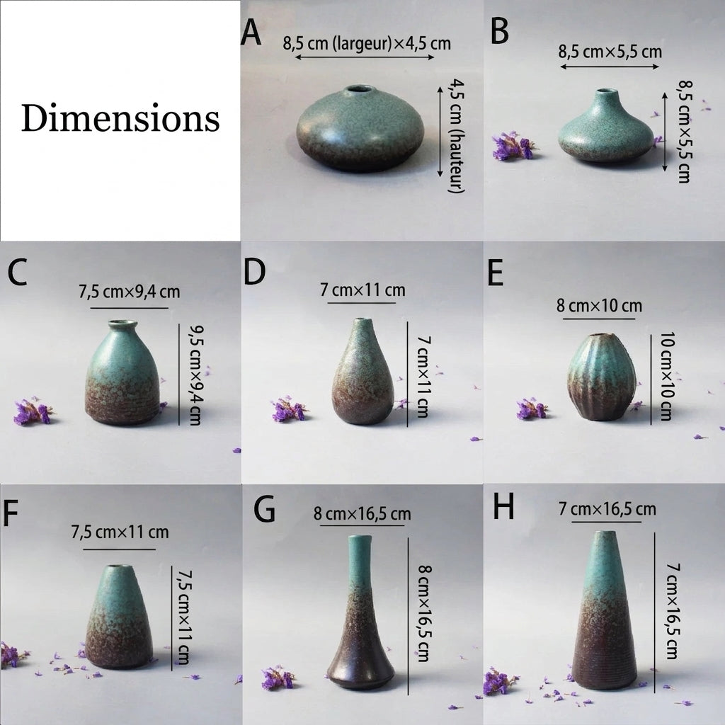 Dimensions des 8 modèles de vases céramique japonais de A à H