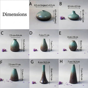 Dimensions des 8 modèles de vases céramique japonais de A à H
