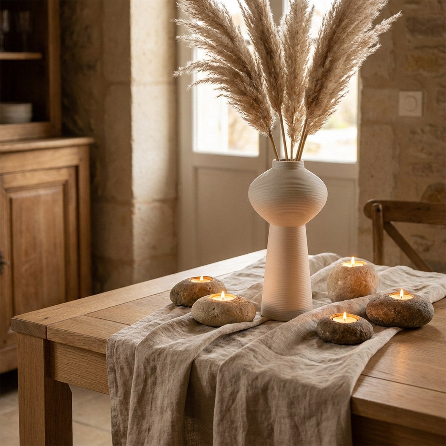 Vase texturé blanc table en bois pampa décoration naturelle