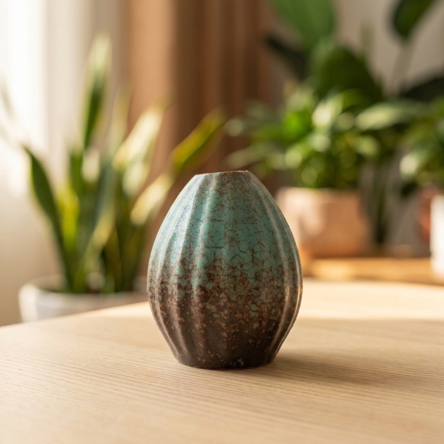 Vase céramique japonais modèle E finition vert-teal et brun