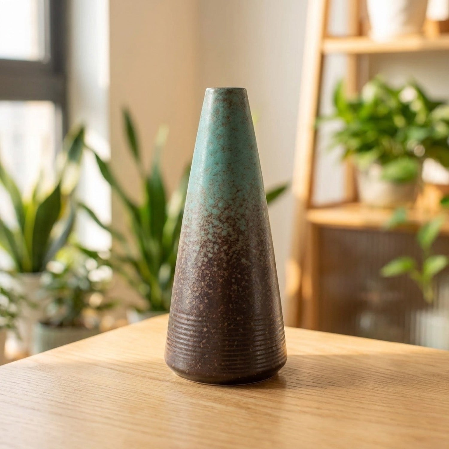 Vase céramique japonais modèle H finition vert-teal et brun