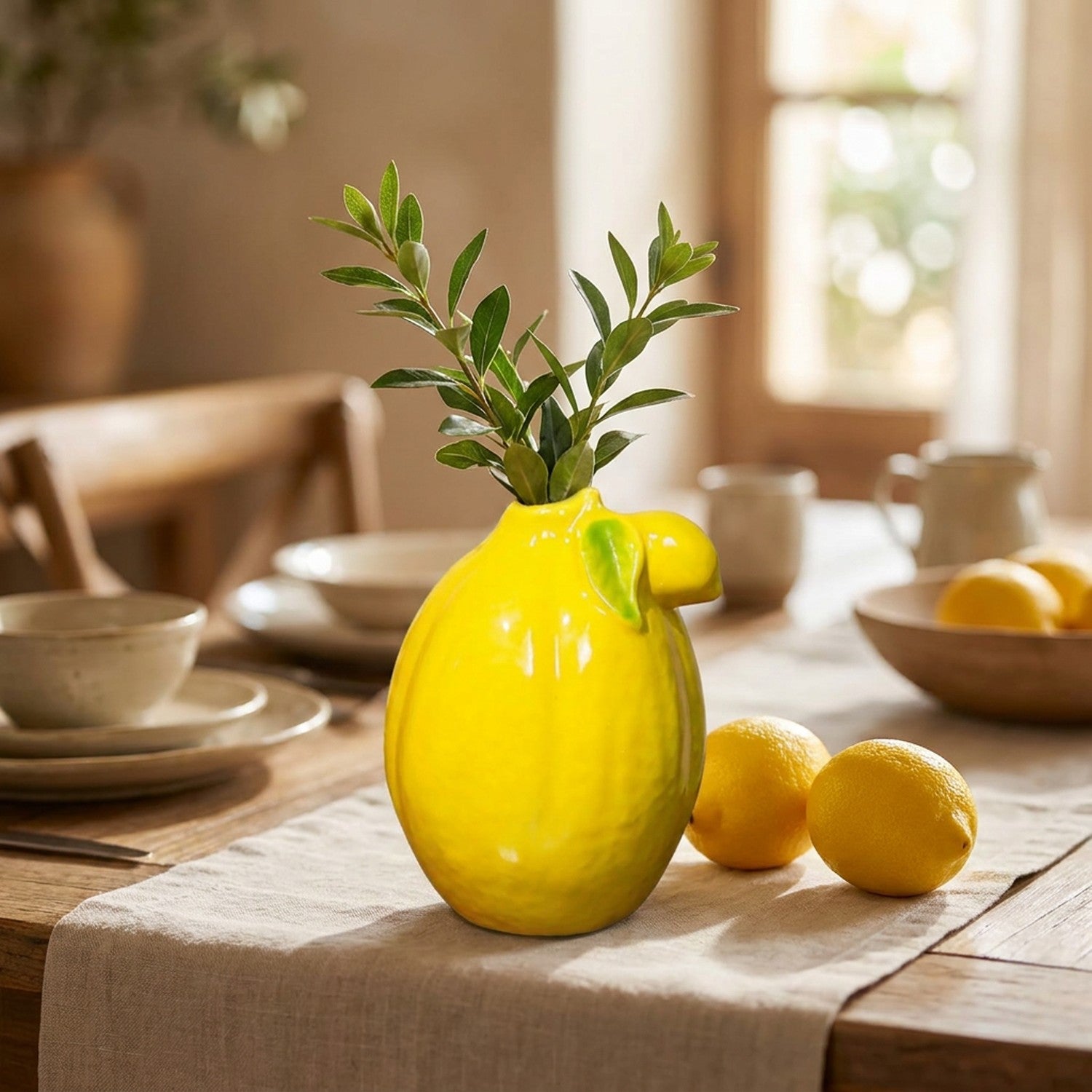 Vase citron jaune en céramique en centre de table avec des citrons frais