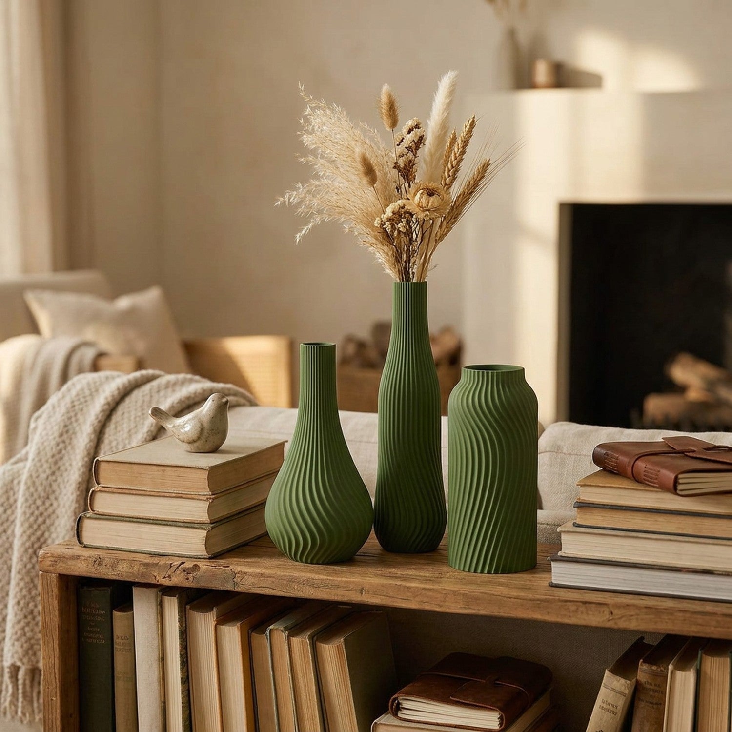 Lot de 3 vases côtelés verts sur étagère avec livres et fleurs séchées