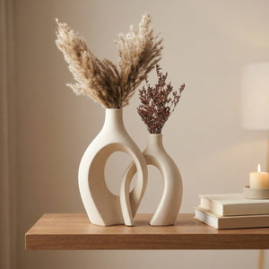 Duo de vases en céramique beige garni de fleurs séchées posé sur une étagère en bois