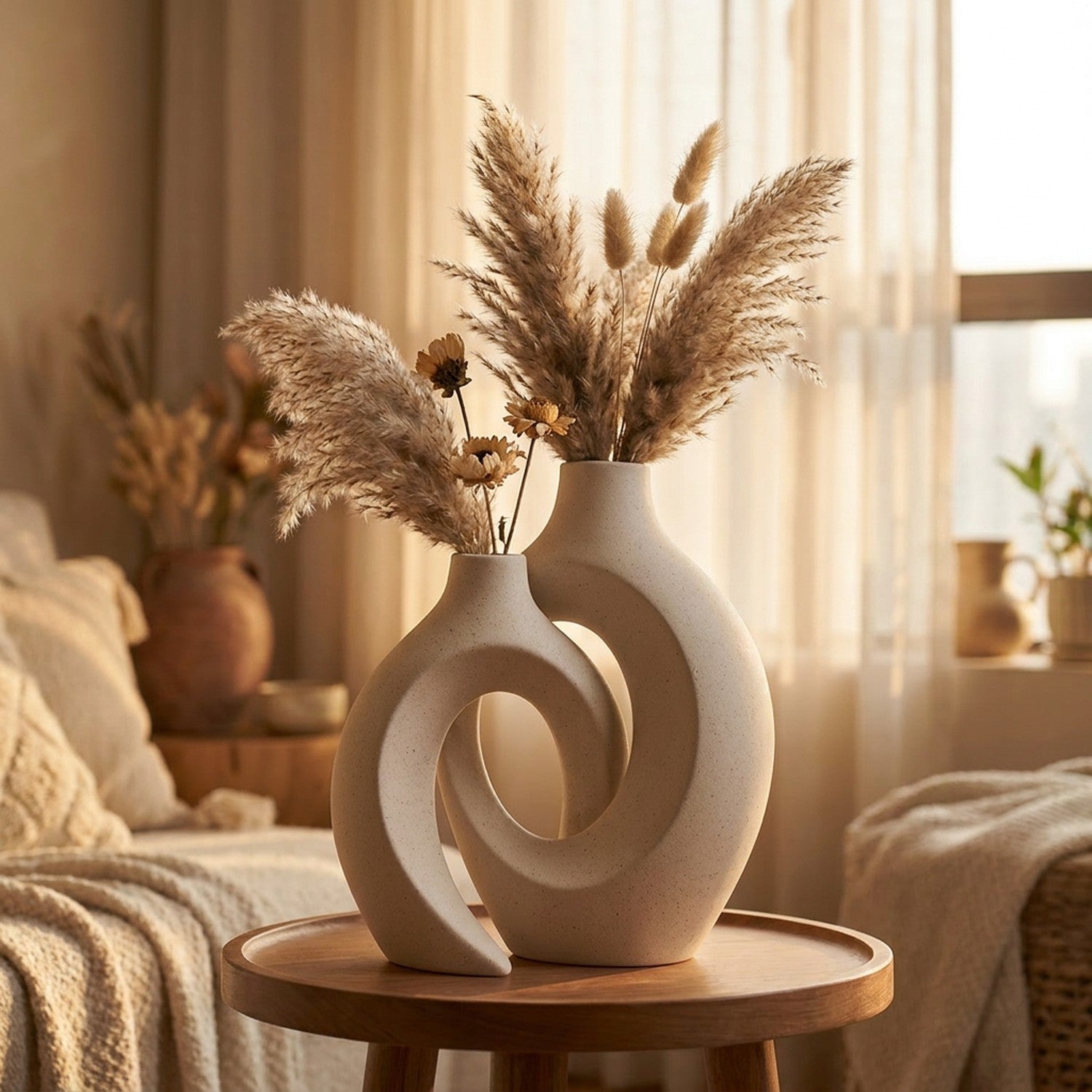 Duo de vases en céramique beige avec pampas sur une table près d'une fenêtre lumineuse