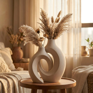 Duo de vases en céramique beige avec pampas sur une table près d'une fenêtre lumineuse