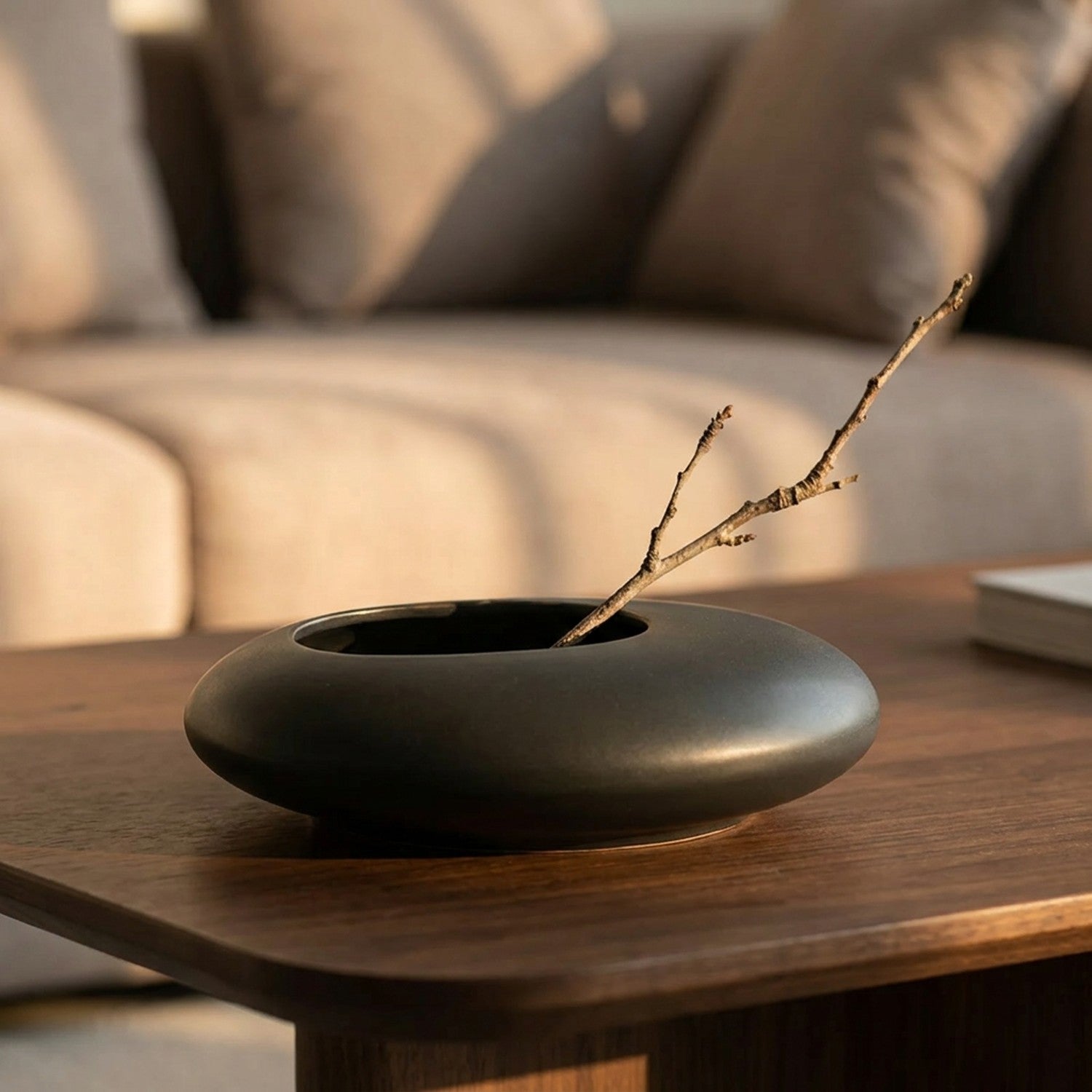 Vase galet noir sur une table basse en bois foncé avec une branche fine
