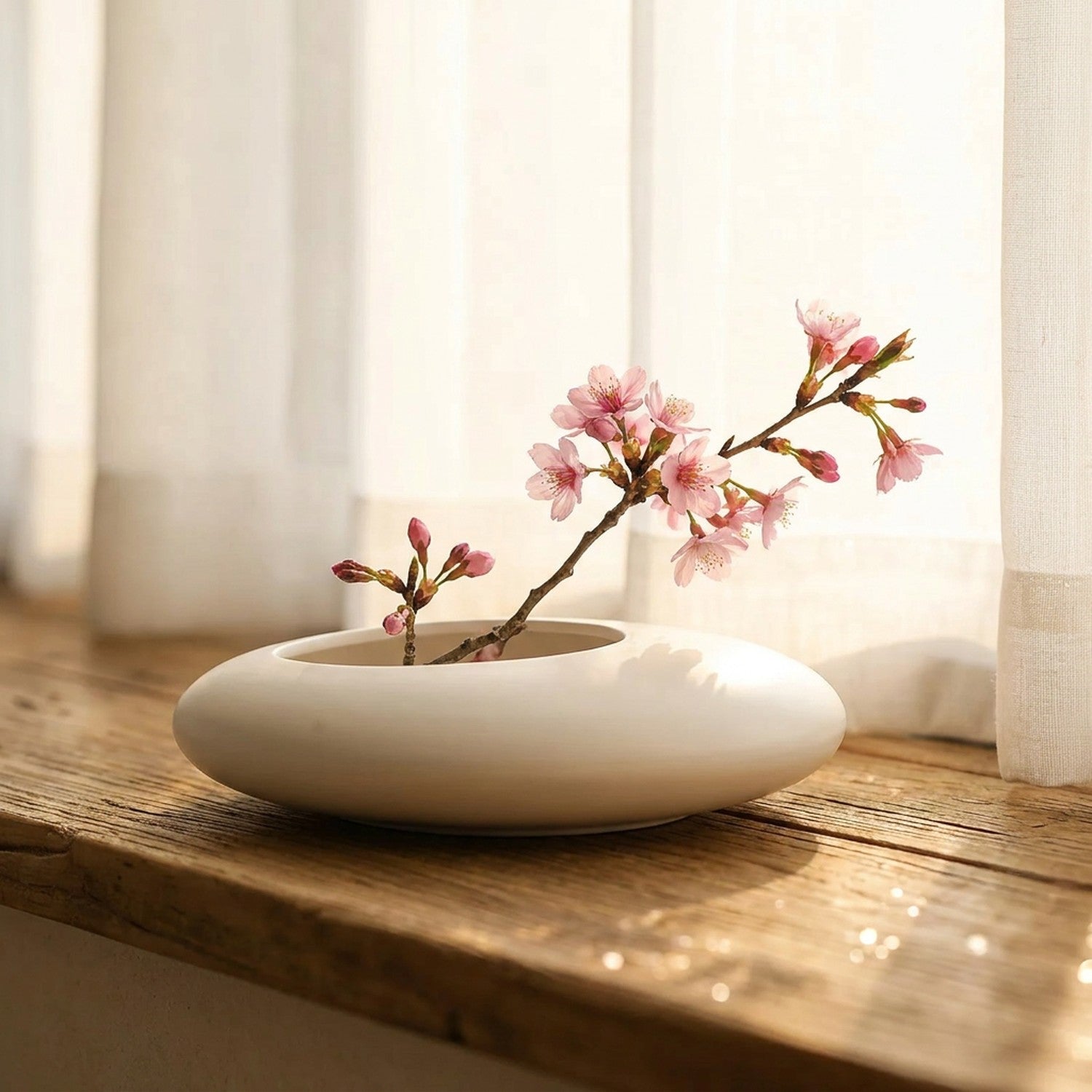 Vase galet blanc sur un rebord de fenêtre avec une branche de fleurs roses
