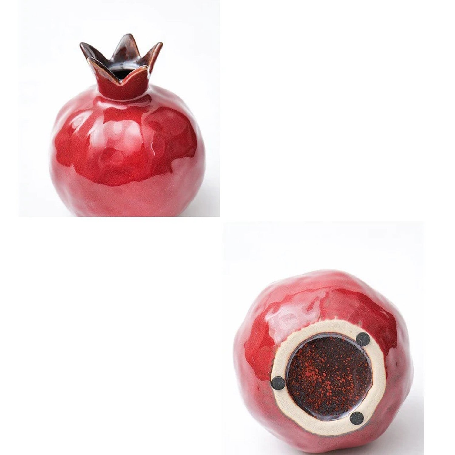 Détails du vase grenade en céramique rouge vue de face et du dessous