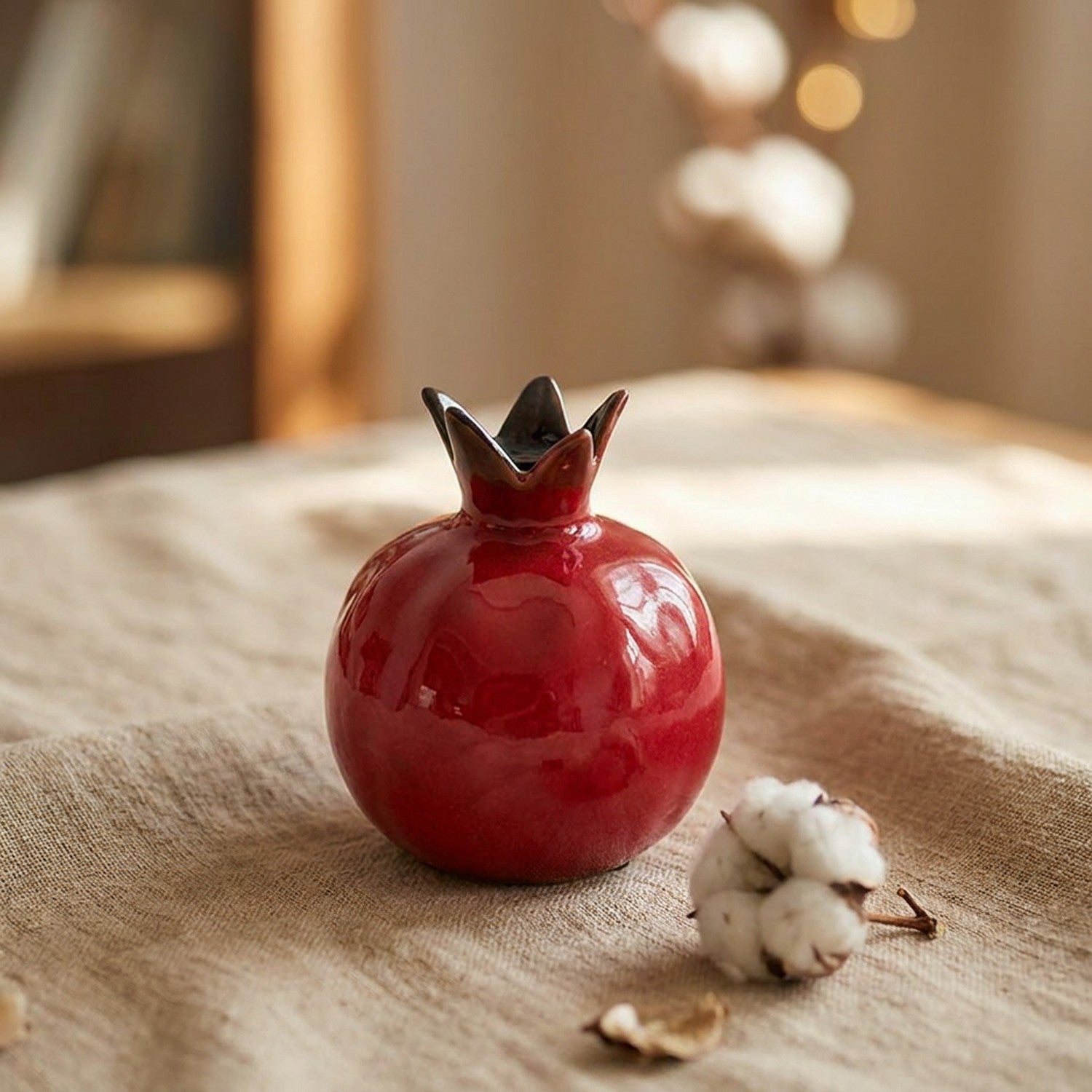 Vase grenade en céramique rouge brillante vue de près