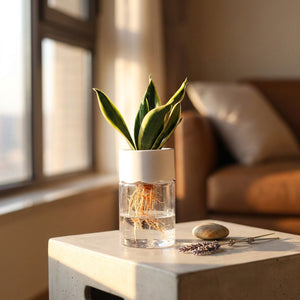 Vase hydroponique transparent sur table basse béton lumière dorée