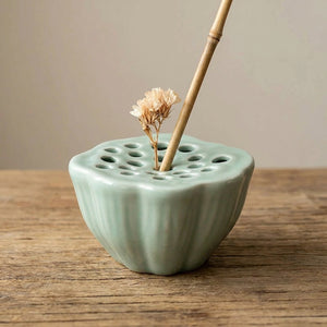 Vase Ikebana lotus en céramique couleur céladon avec tige en bambou