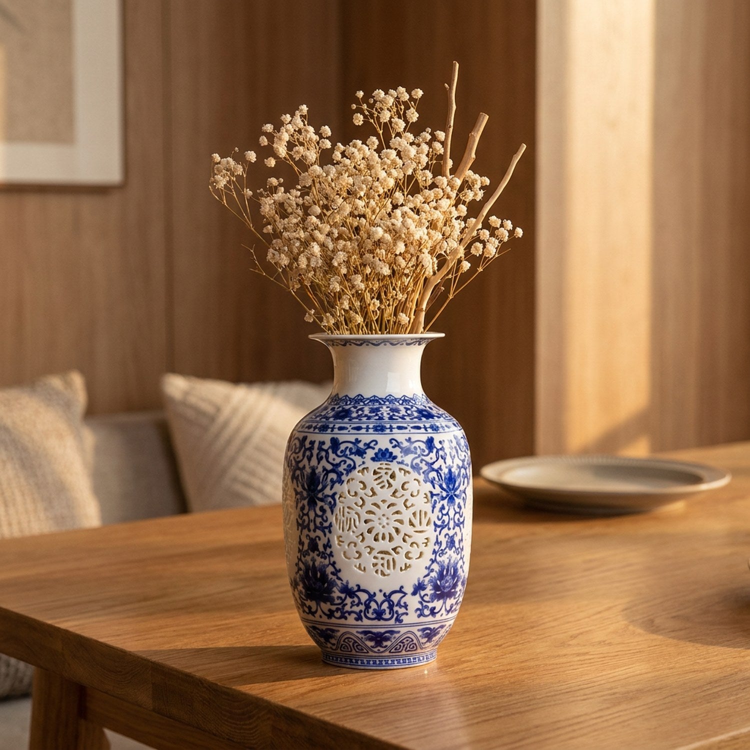 Vase ajouré Jingdezhen bleu et blanc avec branches séchées sur table salle à manger japandi