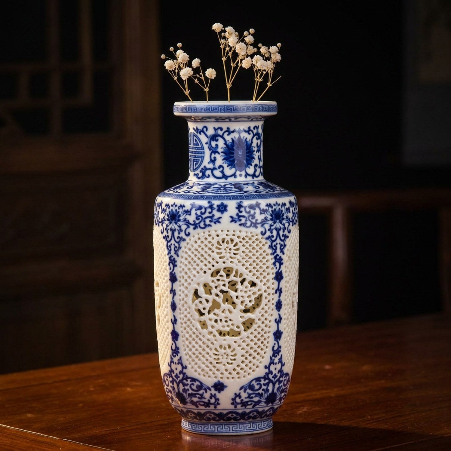 Modèle Colonne - Vase ajouré bleu et blanc en porcelaine de Jingdezhen
