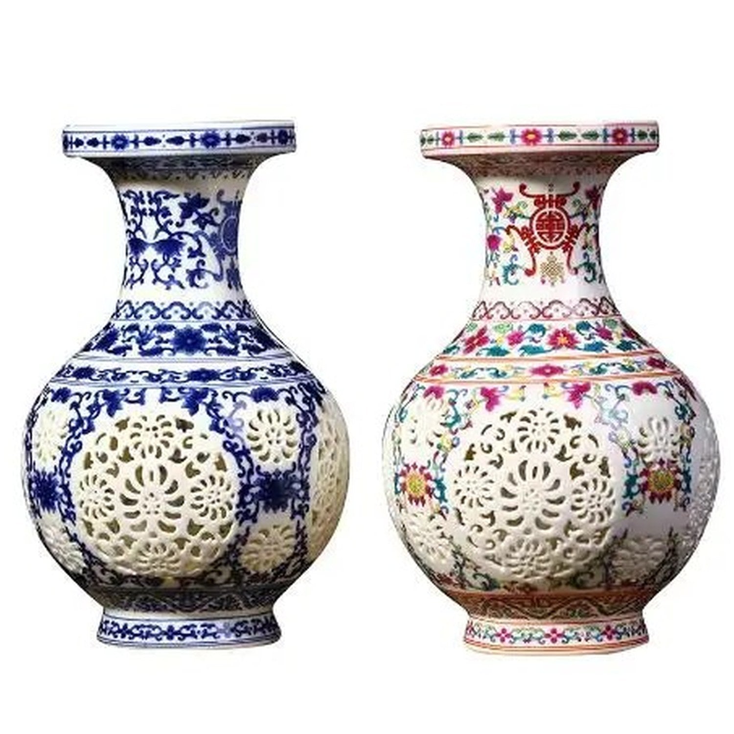 Comparaison des modèles de vases ajourés Jingdezhen bleu et blanc et multicolore