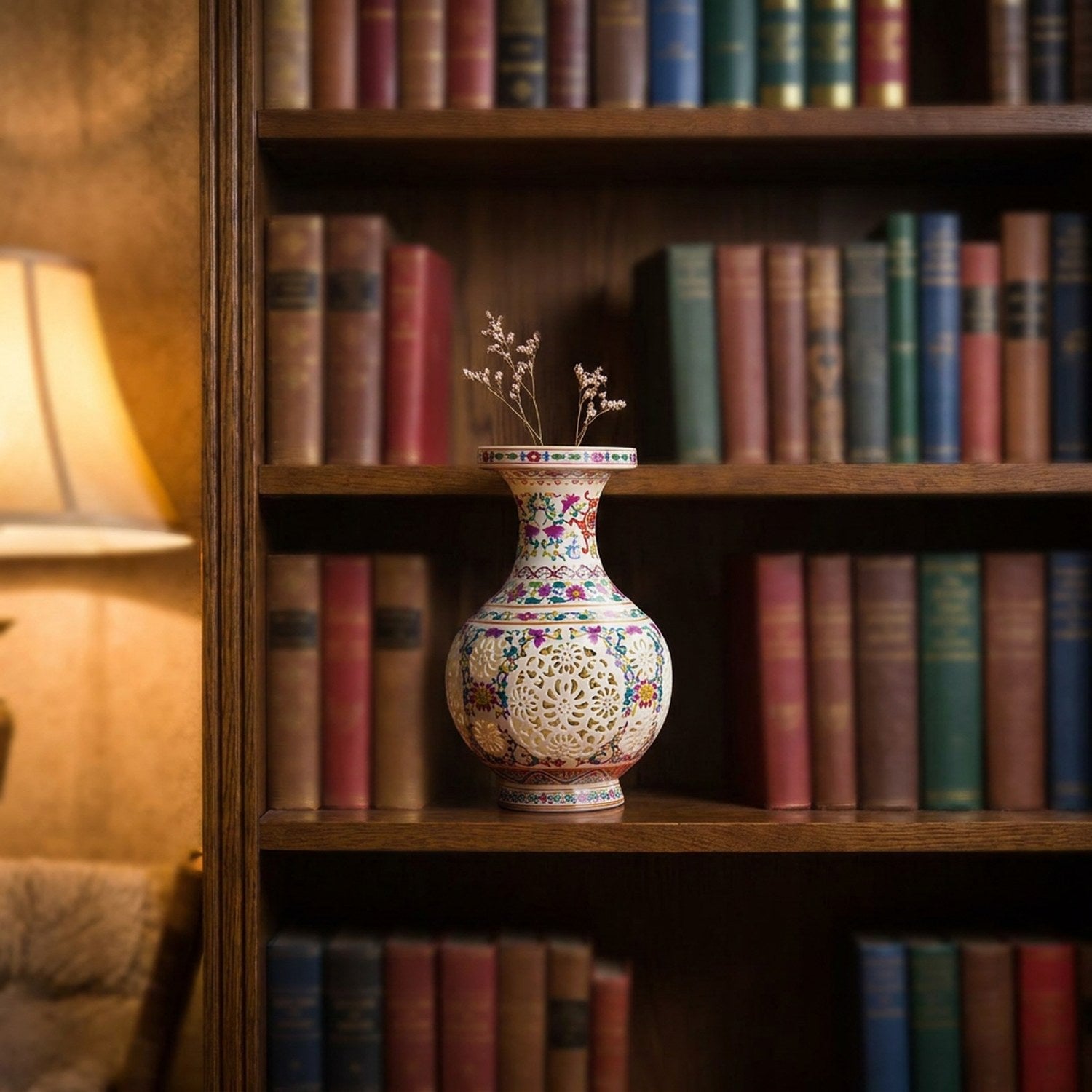 Vase ajouré Jingdezhen multicolore famille rose sur étagère bibliothèque avec livres