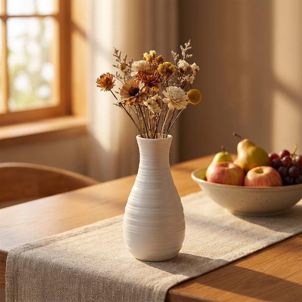 Vase blanc ondulé sur une table de salle à manger avec des fleurs séchées
