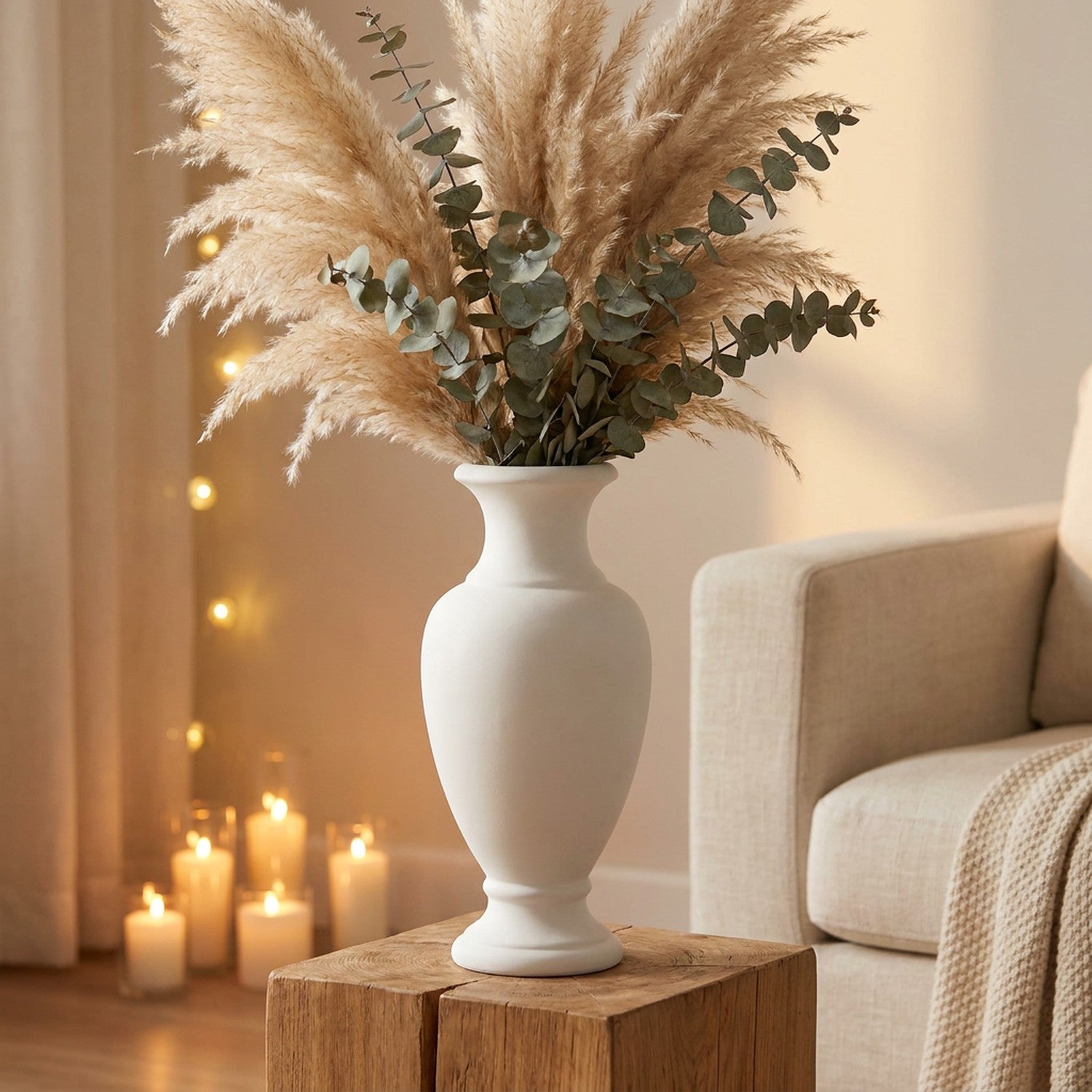 Vase médicis blanc dans une ambiance chaleureuse de soirée avec herbes de pampa et eucalyptus